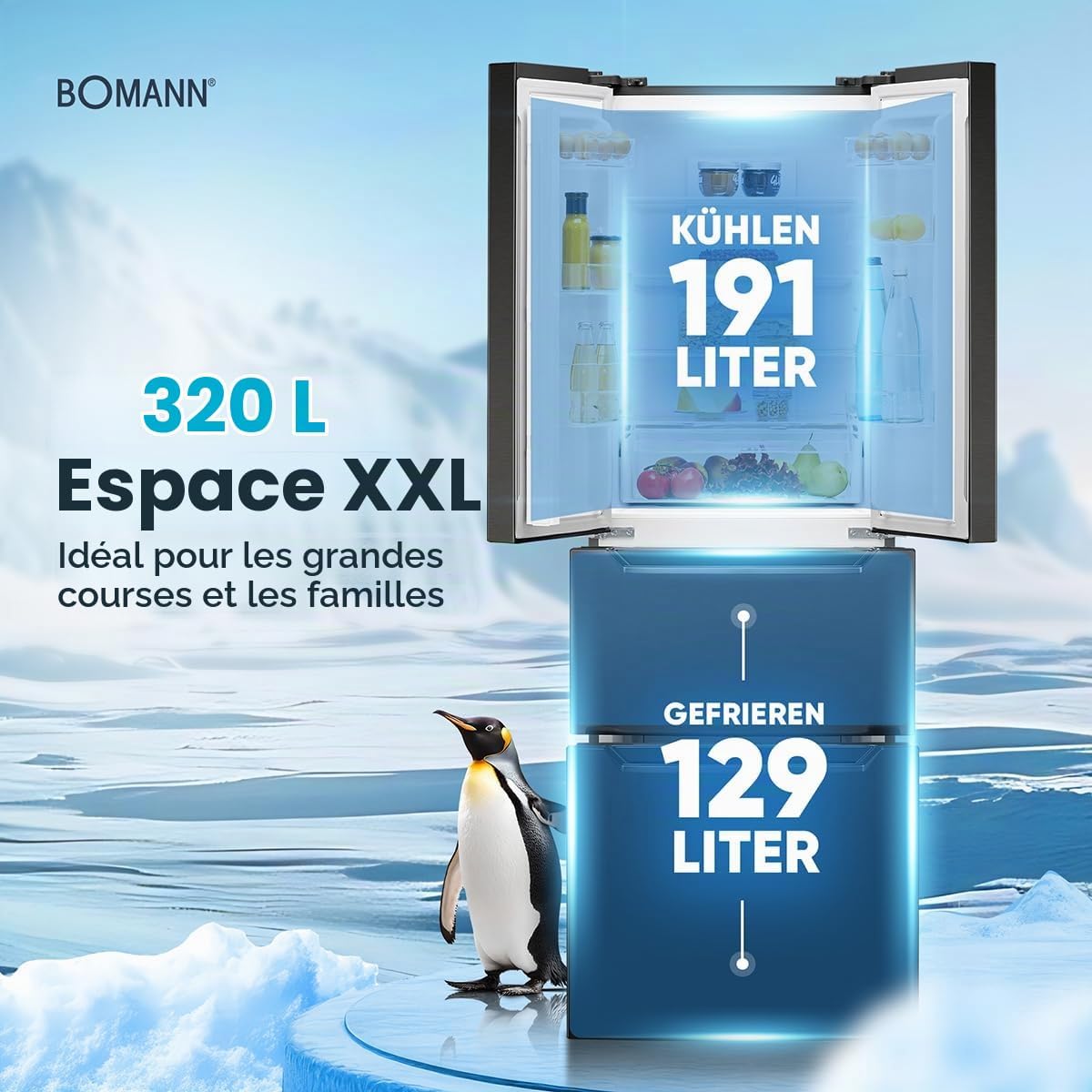 Bomann Réfrigérateur Congélateur 320 L KG 7361, Système MultiAirflow, Noir | système MultiAirflow, totalement sans givre, éclairage LED, 4 étagères en verre, silencieux 39 dB