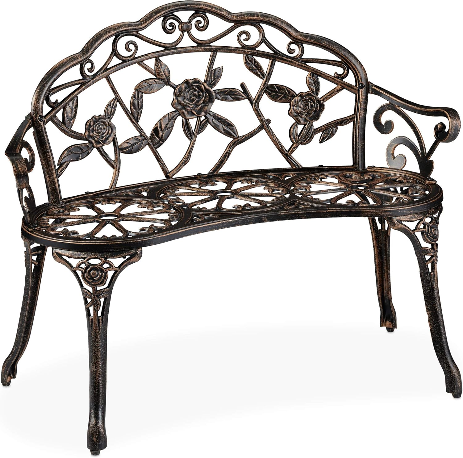Relaxdays Gartenbank, 2 Sitzer, Rosen, Terrasse, Balkon, Alu & Gusseisen, antike Sitzbank, HBT: 78 x 99 x 52 cm, Bronze