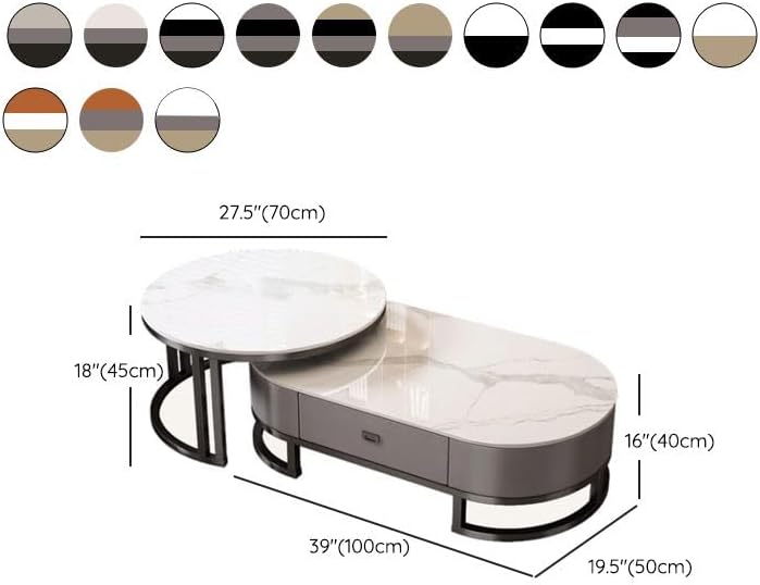 Ovaler Couchtisch aus Stein, 2er-Set, Wohnzimmer-Mitteltisch mit Schublade, Beistelltisch aus Glas, Schwarz/Grau – Grau, (99,9 cm L x 49,9 cm B x 40,6 cm H) + (69,9 cm L x 69,9 cm B x 45,7 cm H)
