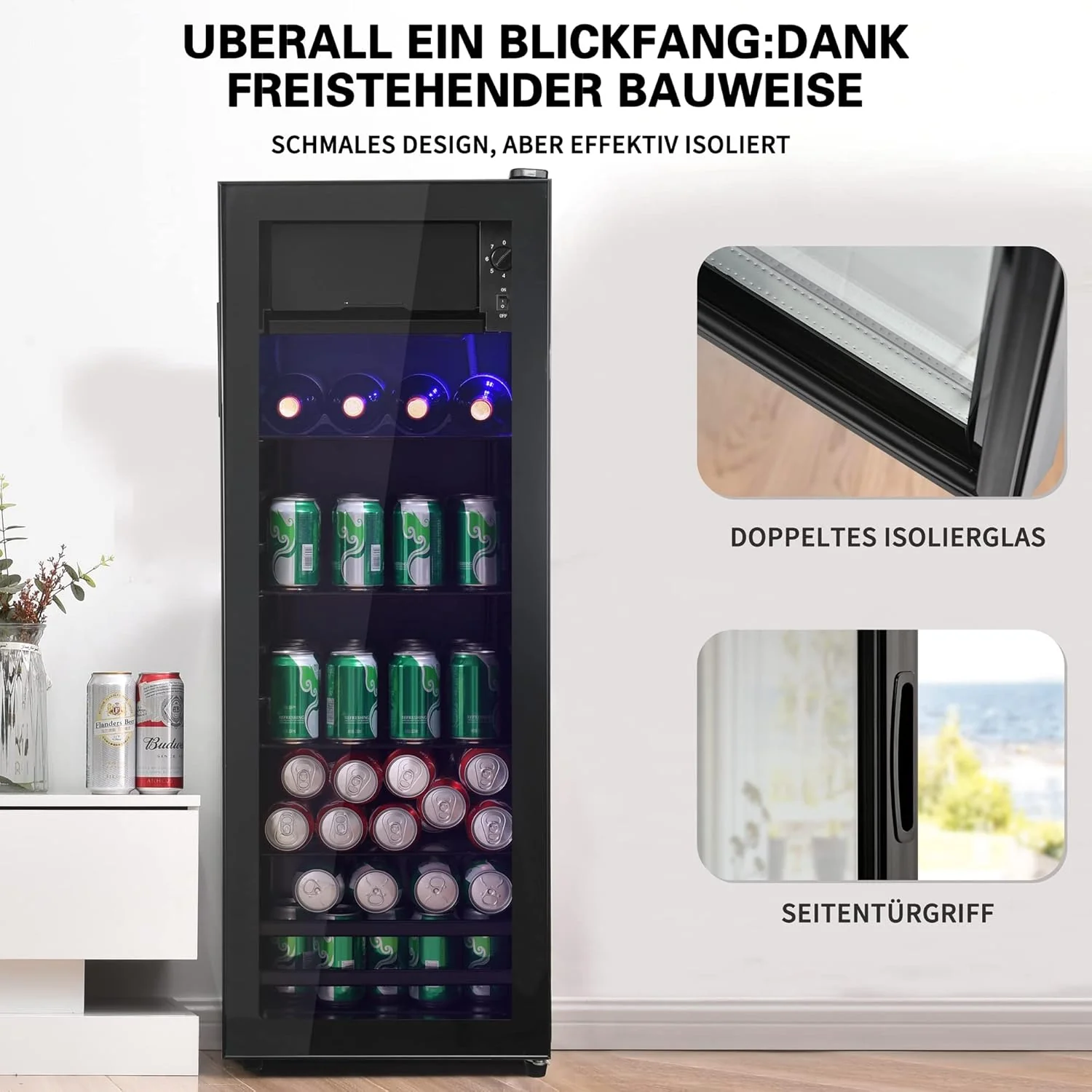 Merax Koelkast 128L, Vrijstaande Drankkoeler met 120L Koelruimte + 8L Vriezer, met LED Binnenverlichting en Verstelbare Legplanken, Superstil voor Restaurant, Bar, Drankjes en Bier