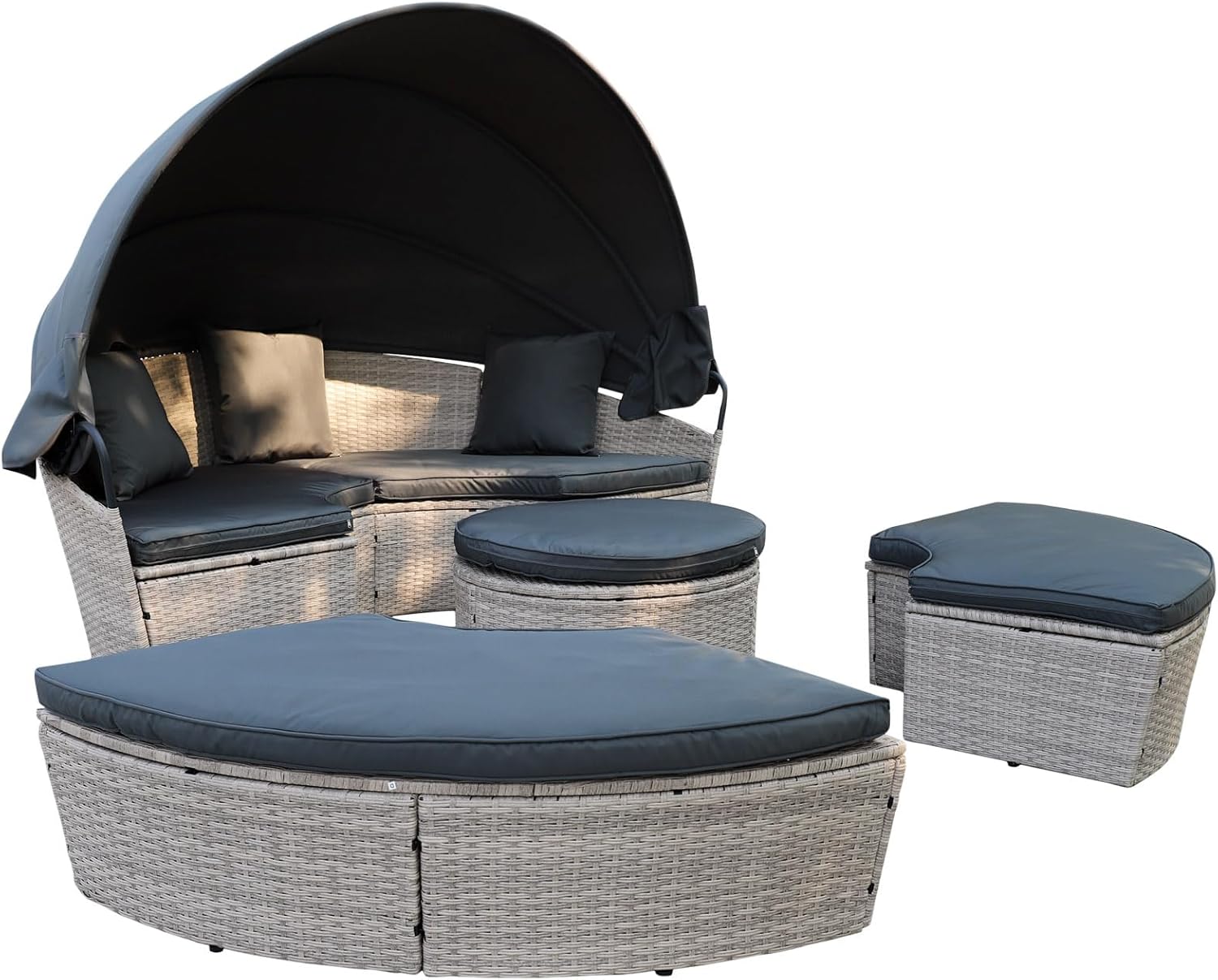 Poly Rattan Sonneninsel XL mit faltbarem Sonnendach Ø 180/210 cm inkl. Auflagen Kissen, Lounge Sonnenliege Gartenmuschel (Hellgrau, Dia 180)