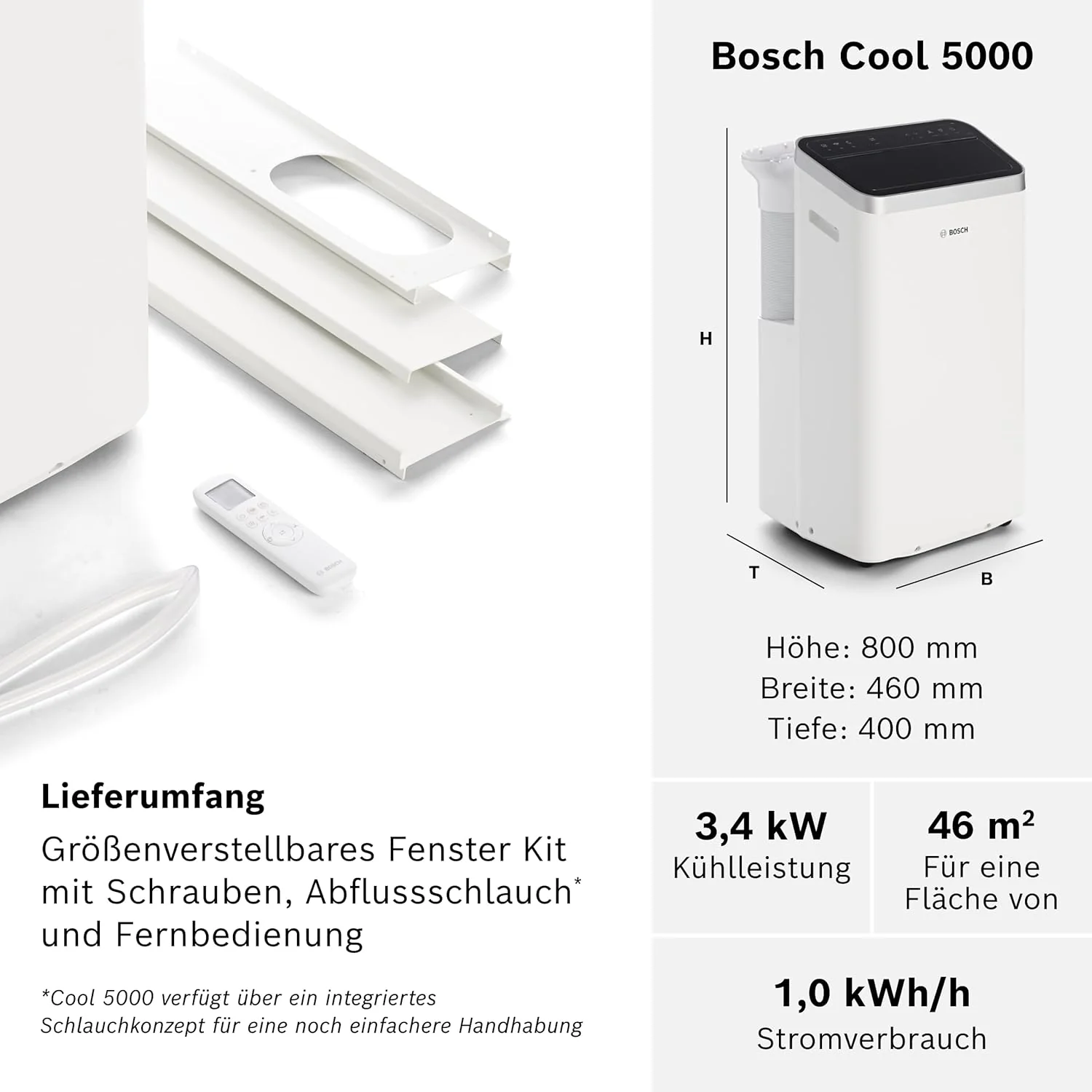 Bosch Cool 4000 Mobiele airconditioner - 3-in-1: Airconditioner, ontvochtiger, ventilator - 2,6 kW voor ruimtes tot 35 m2 - Met automatische modus, stille modus & slaapmodus