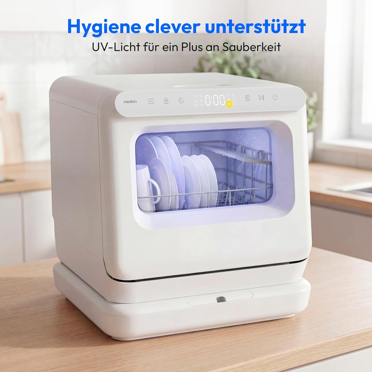MEDION Mini Geschirrspüler DWT30, 3 Maßgedecke, Tischgeschirrspüler, funktioniert mit/ohne Wasseranschluss, 6 Programme, UV-Licht, Lüfter-Trocknung, Touch-Display, freistehend, MD370022