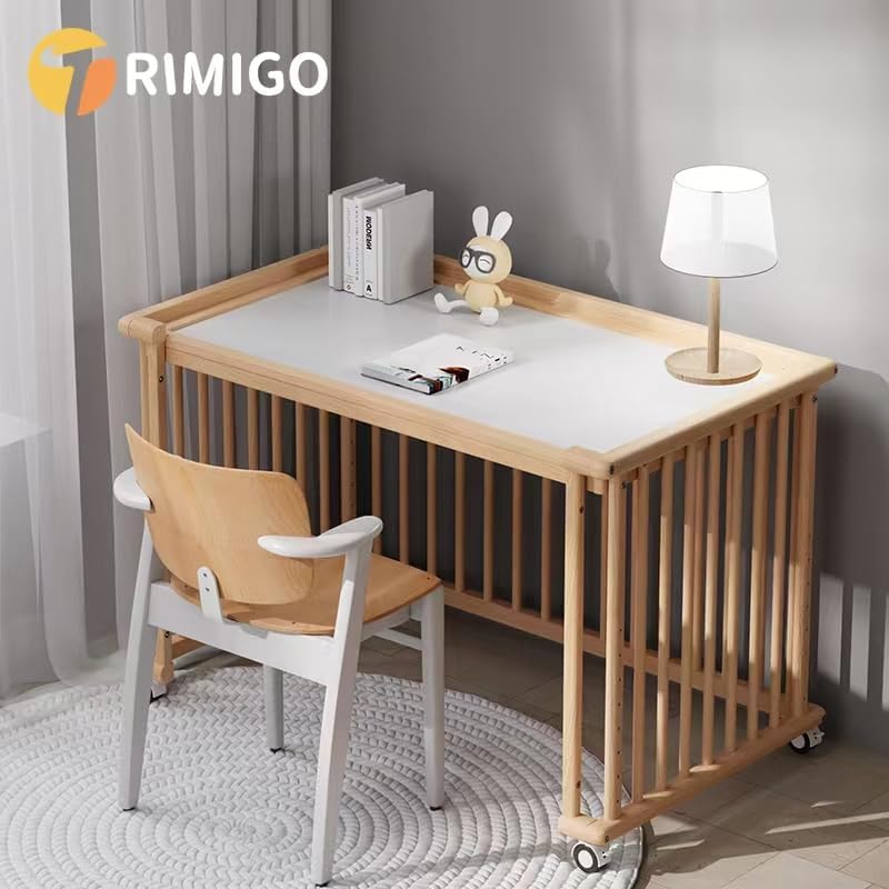 Trimigo 6-in-1 Babybett 118x70 cm mit Matratze und unbehandelt Buchenholz, wandelbar zu Sofa, Schreibtisch, höhenverstellbares, mit Rollen und Bremsen, mit Stauraum