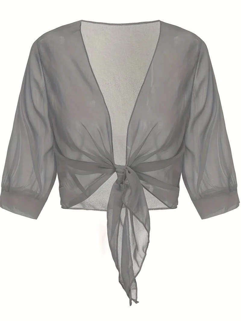 Transparente Damen-Bluse mit Bindeknoten und 3/4-?rmeln