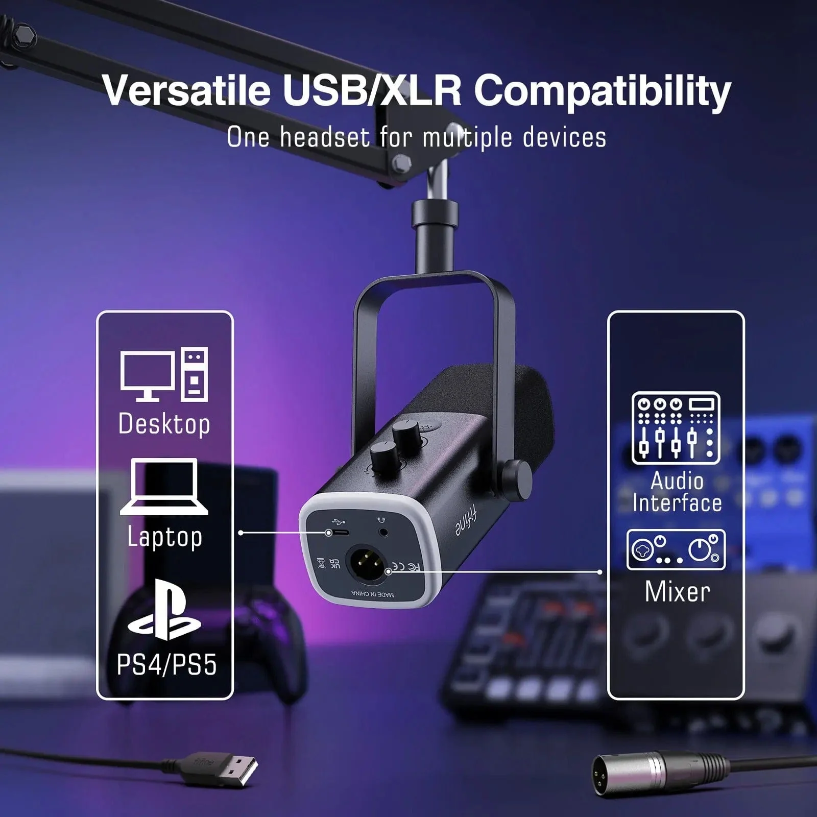 Dynamic USB XLR Microphone Kit with Boom Arm and RGB Light
