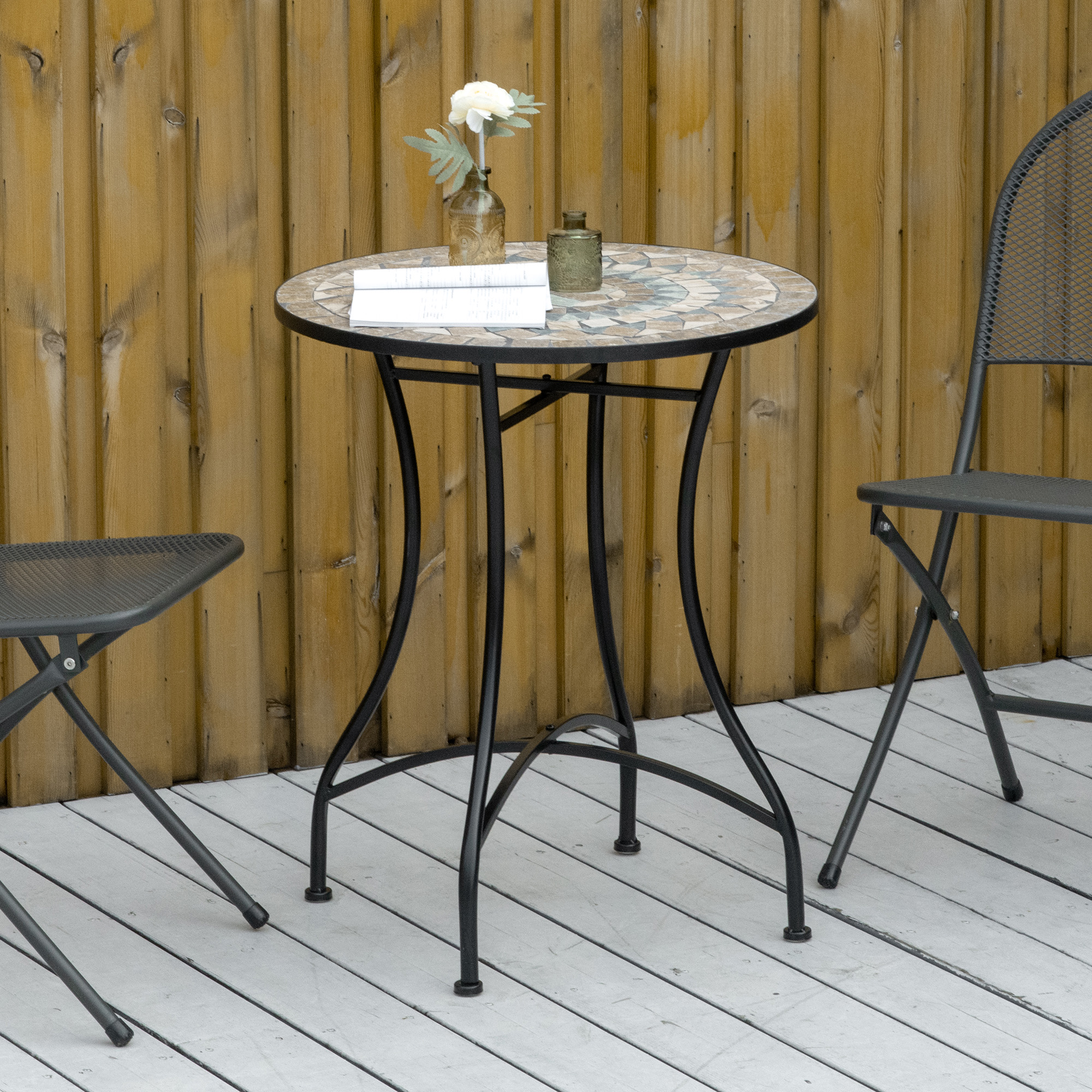 Stijlvolle   Ronde Tuintafel met Keramisch Moza?ekblad in Groen, Beige en Wit - ?60 cm