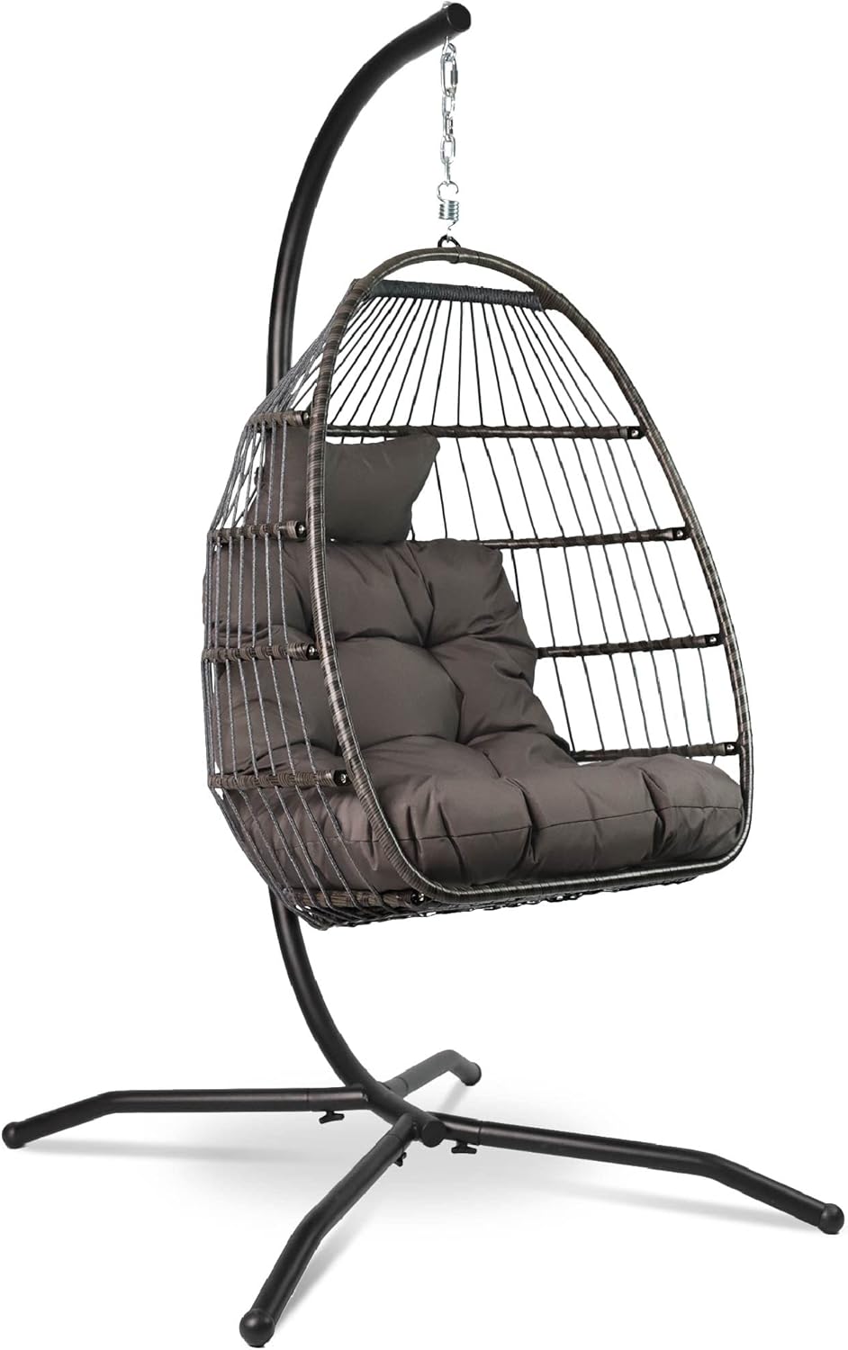 VITA5 Hängesessel mit Gestell - Bequemer Hängekorb Sessel - Rattan Hängesessel Outdoor und Indoor - Boho Egg Schaukel für Terrasse&Leseecke - 150 kg Tragkraft - Dunkel Grau