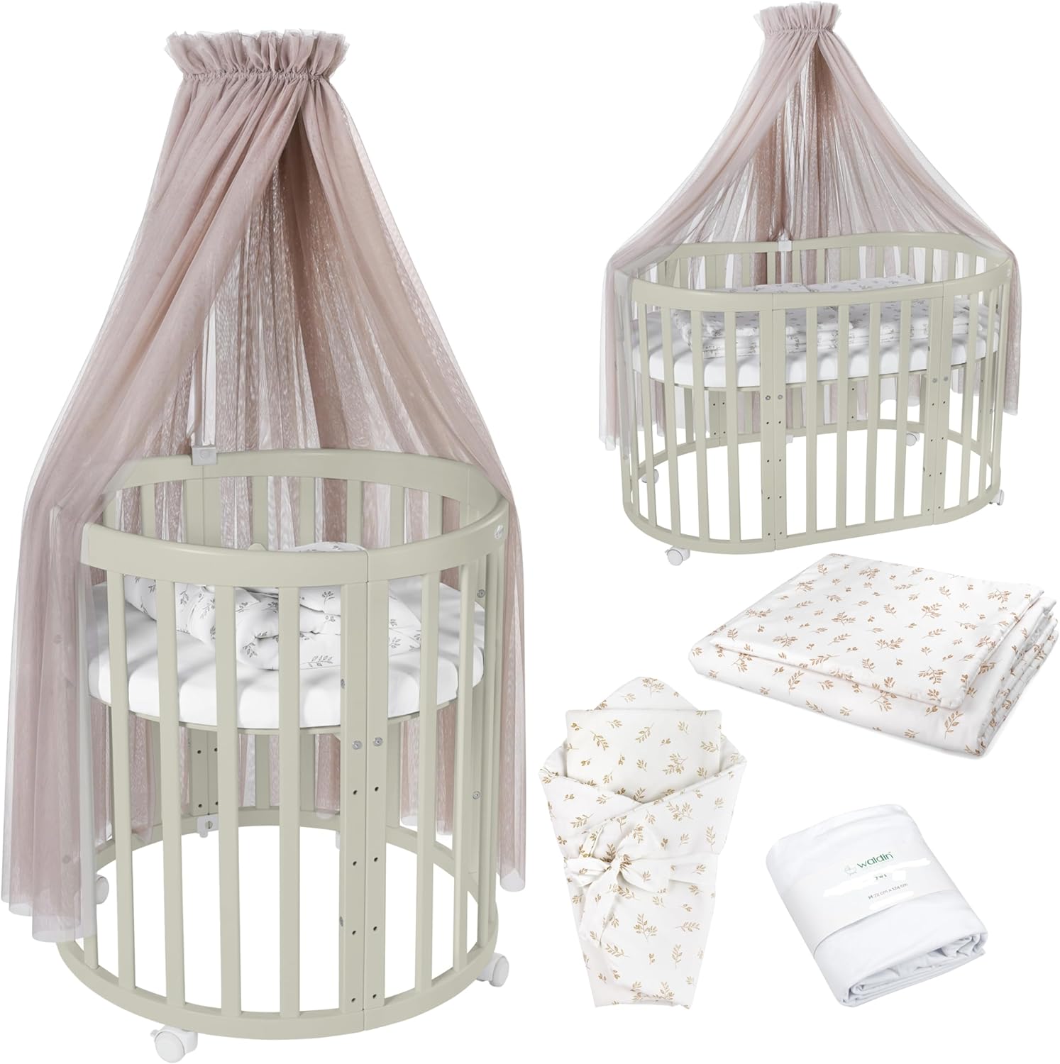 Waldin Oval Baby-Bett Mitwachsend Komplett Set 7in1, Gitterbett, Kinderbett mit Matratze, Wickelkommode, Beistellbett, Holz Weiß