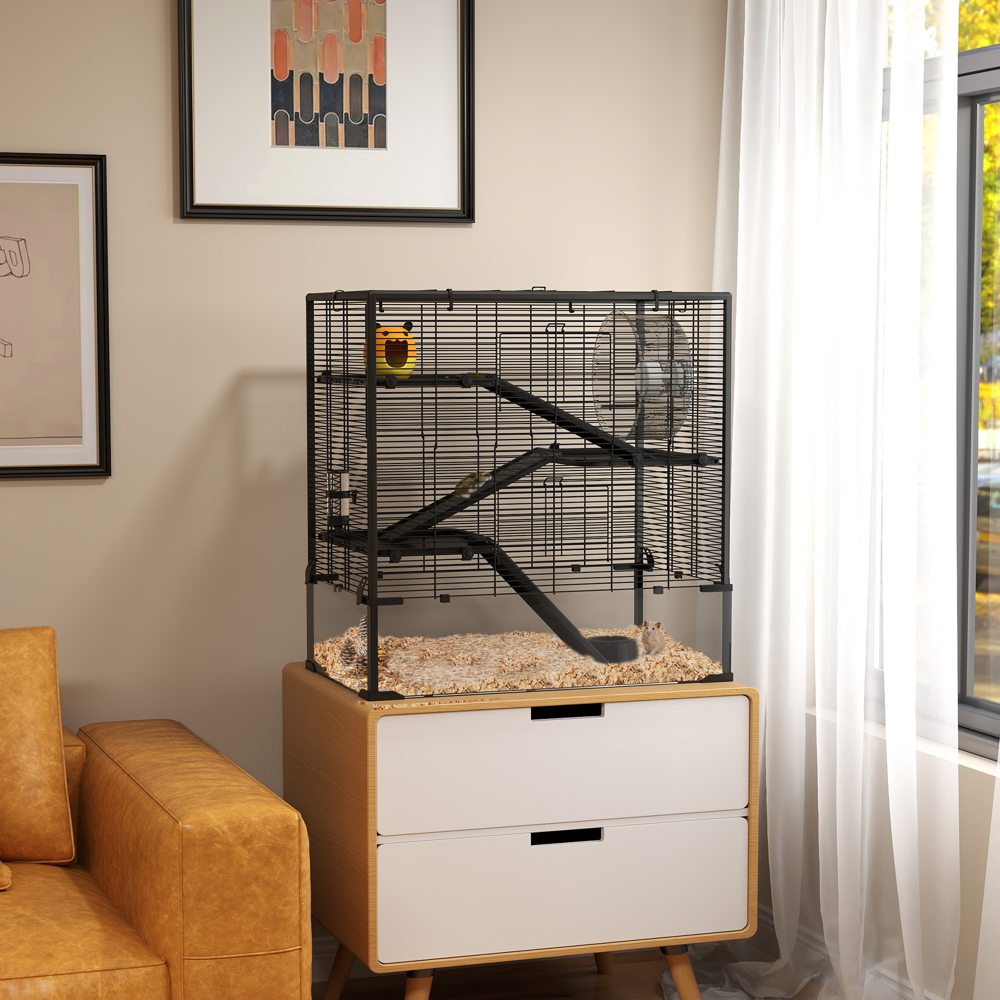 Hamsterkooi met glazen bodem, 4-niveau knaagdieren verblijf met hut en accessoires, 78,5L x 48,5B x 80H cm, Zwart