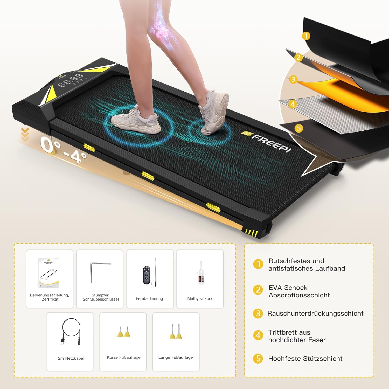 Freepi 4 in 1 Laufband für Zuhause mit Neigung 1-6km/h 2.5PS Motor mit Fernbedienung, Walking Laufband Pad Schreibtisch ragbar Heim-Fitnessgert