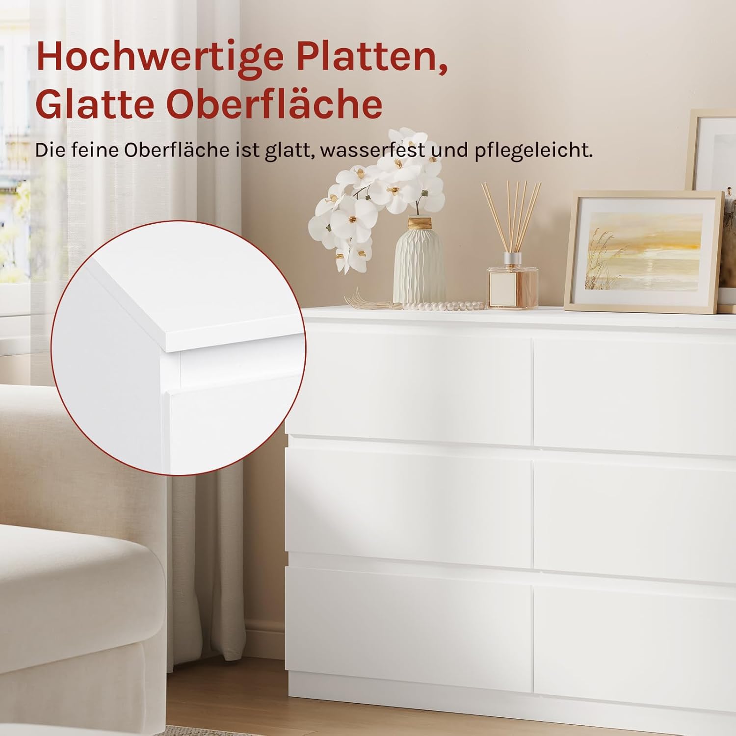 WOLTU Kommode mit 6 Schubladen, Moderner Schubladenschrank für Wohnzimmer, Schlafzimmer oder Flur, aus Holzwerkstoff, 100x69x36 cm, Weiß, KMD007ws