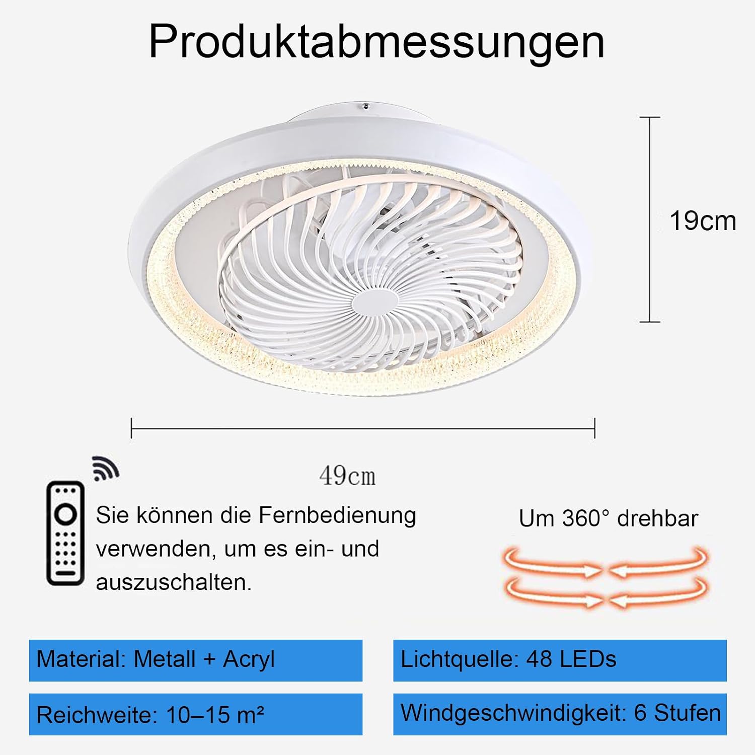 Deckenventilator mit Beleuchtung leise 360° Drehbar, 49cm Moderne Deckenlampe mit Ventilator und Fernbedienung, APP Steuerung, 6 Windstufen, DC Motor, für Schlafzimmer, Weiß