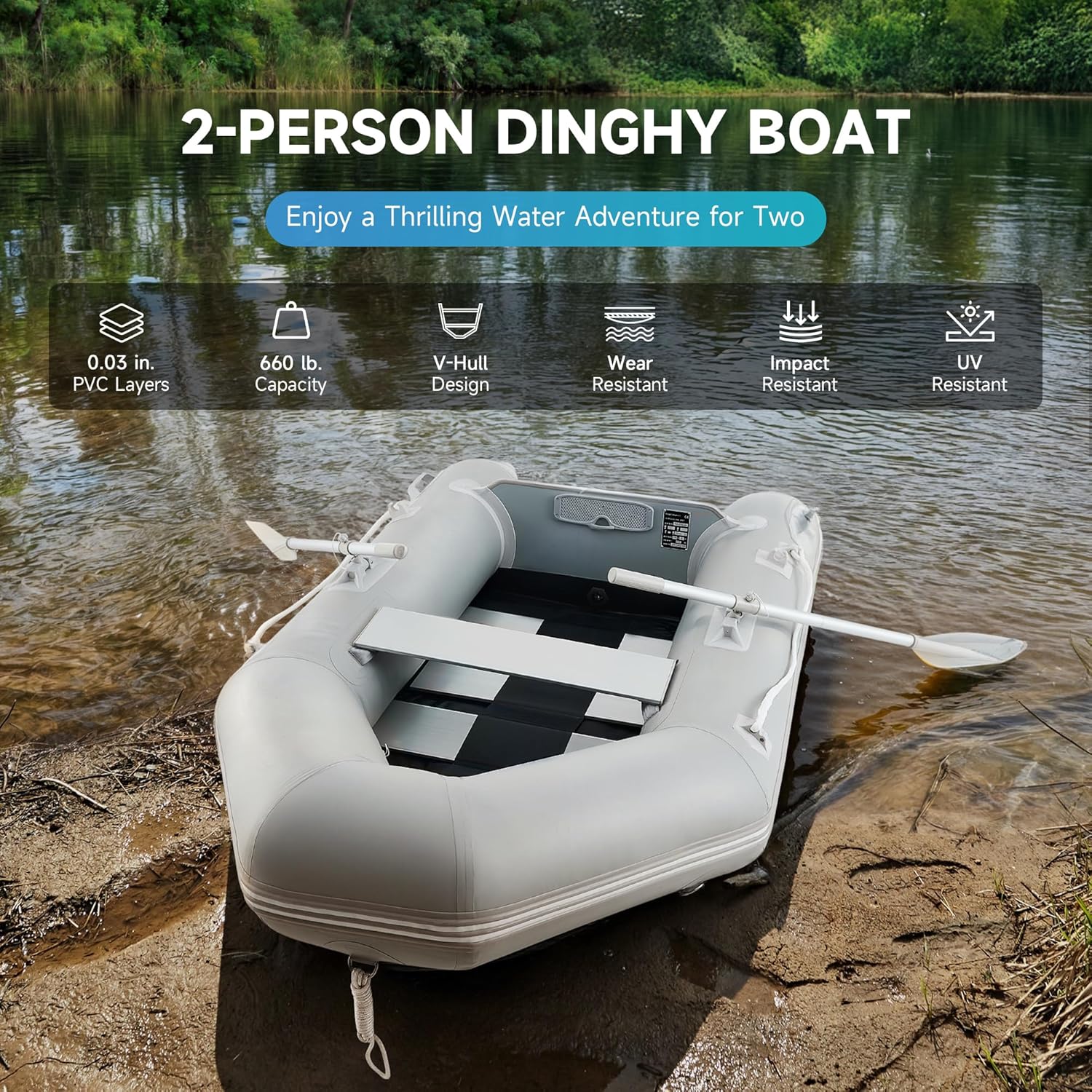 7.5ft Inflatable Dinghy Boat. 2 Person 660lb Transom Sport Tender Boat with Pump Aluminum Oars Floor. Heavy Duty Inflatable Raft Kayak for Adults
