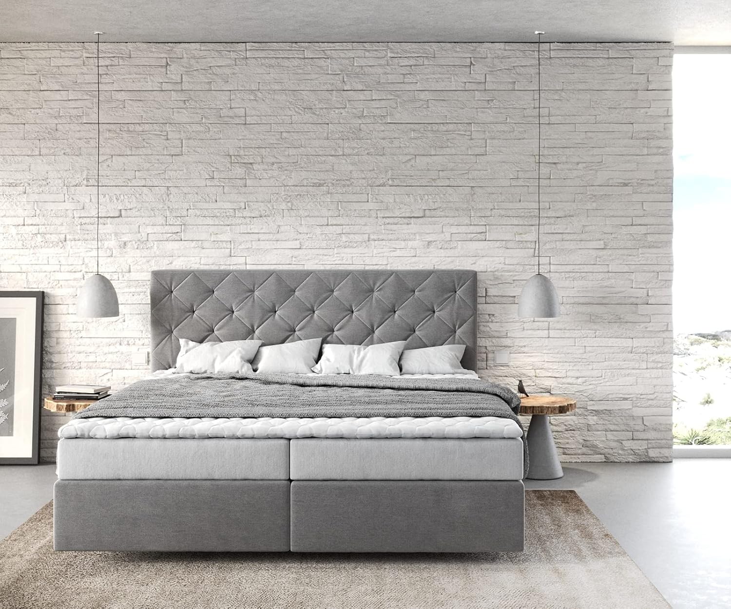 DELIFE Boxspringbett Dream-Great Mikrofaser Grau 180x200 cm mit Matratze und Topper