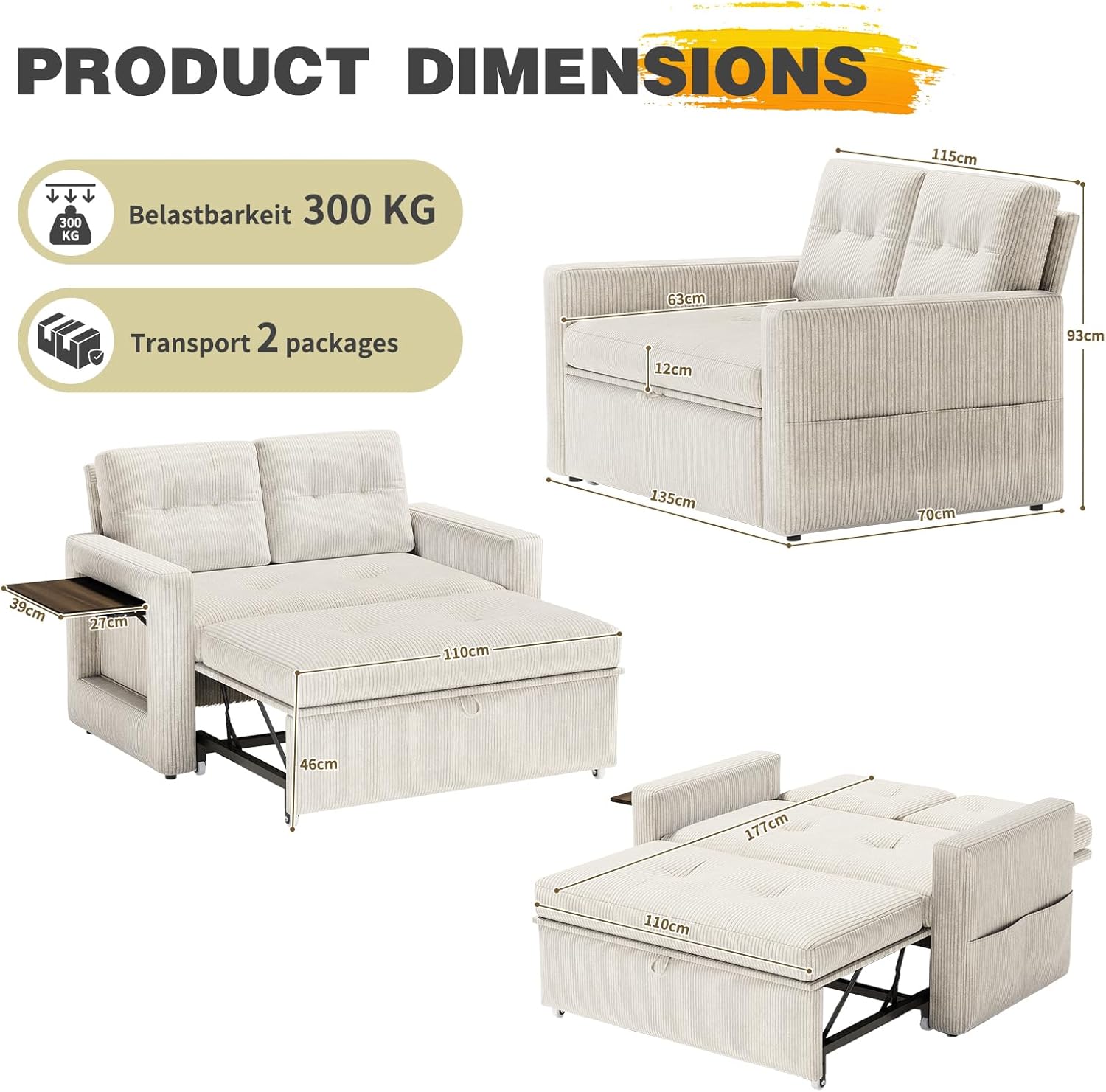 YOUDENOVA Sofá Cama 3 en 1, Sillón Cama multifunción, Sofá reclinable con Respaldo Regulable en 5 Posiciones, Sofá Cama para 2 Personas con Mesa y Bolsillos Laterales, Pana Beige