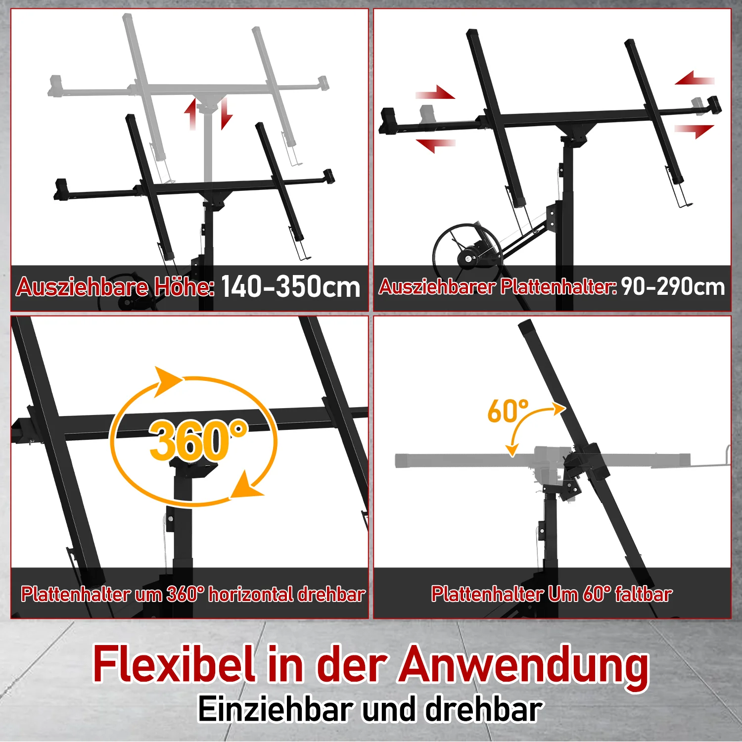Sonnewelt Plattenheber klappbar 140 cm-350 cm Arbeitshhe Hhenverstellbar 68kg