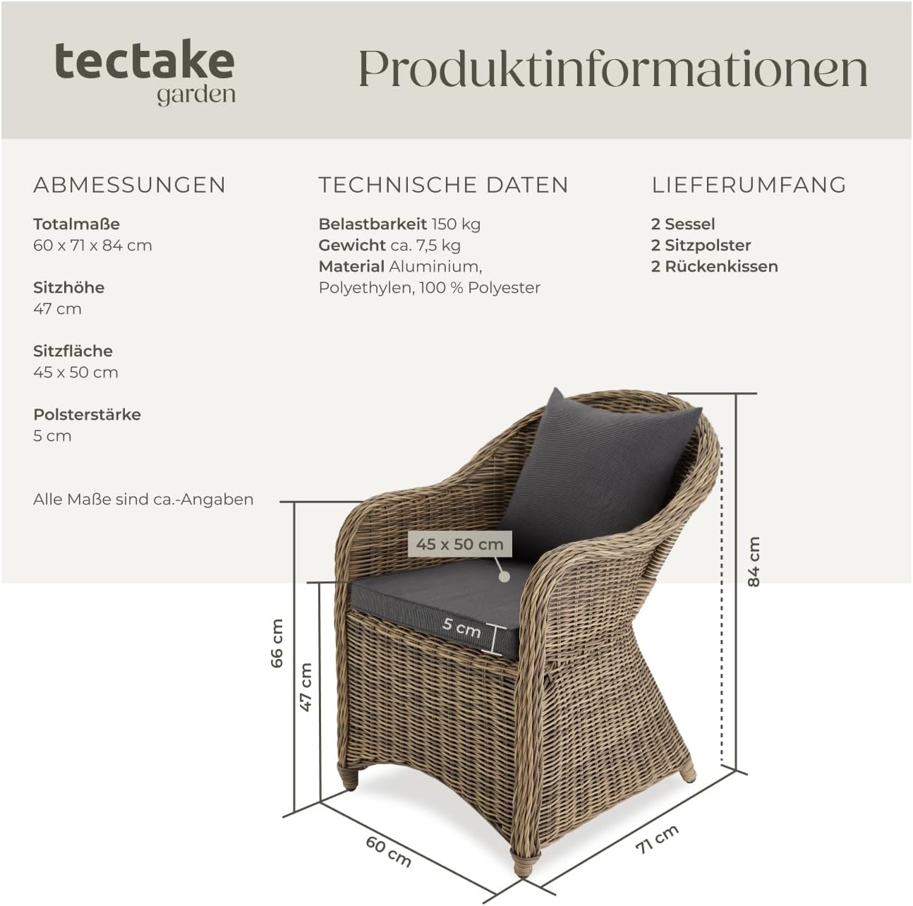tectake® Alu Polyrattan Gartenstuhl 2er Set, Gartenmöbel Set mit 2 Sessel, wetterfest, Rattan Gartensessel mit weichen Sitzpolster, abziehbarer und waschbarer Bezug, stabil und bodenschonend - Natur