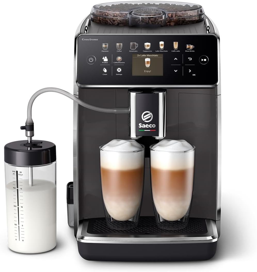 Saeco GranAroma Fully Automatic Espresso Machine, 16 Beverages, 6 User Profiles, Colored TFT Display, Metal Front, SM6585/00