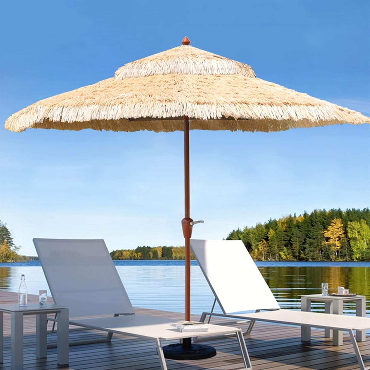 Garten Parasole 9ft 2-Tiers Strohstrand Regenschirm mit Kurbelgriff, Hochleistungs-wasserdichte Markttisch Parasol für Garten, Terrasse, Rasen, Hinterhof, Schwimmbad und Balkon im Freien Parasole