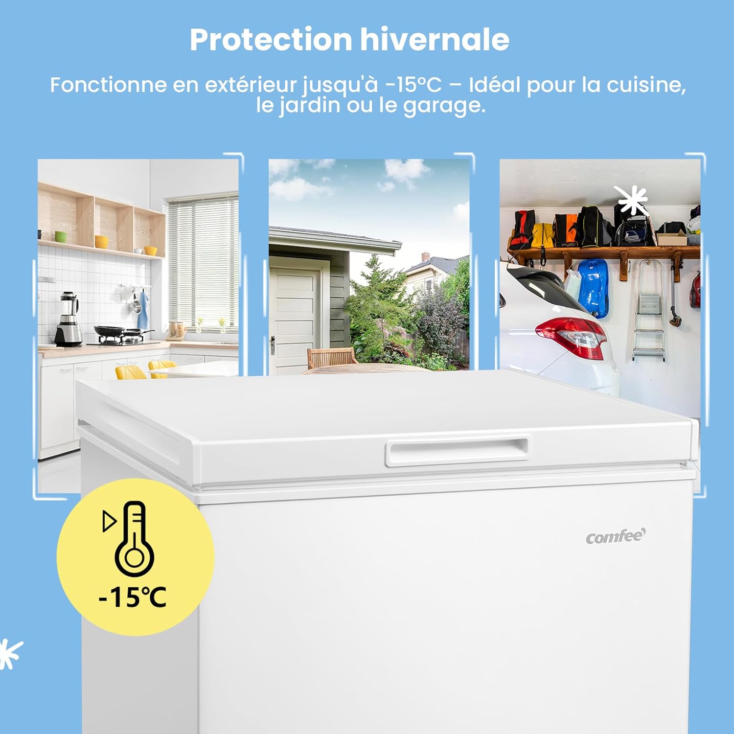 COMFEE' RCC146WH2EU(E) Congélateur coffre autonome 143L convertible congélateur/réfrigérateur, compresseur inverter, 4 étoiles, adapté aux dépendances, garages et abris, blanc [Classe énergétique E]