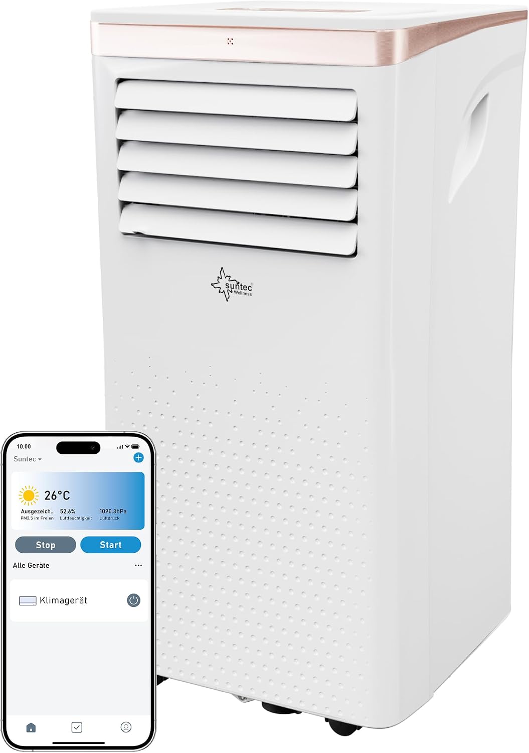 SUNTEC Mobiles Klimagerät Coolfixx 9000 BTU Design rosé App – Klimaanlage mobil und leise mit Smart App Steuerung – Entfeuchter für Räume bis 34 qm – Mobile Kühlung für zuhause – 9.000 BTU