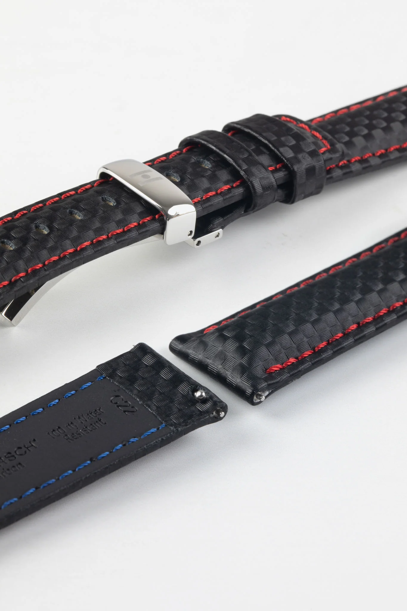 Hirsch CARBON Decorated Waterproof Leather Watch Strap in BLACK / RED