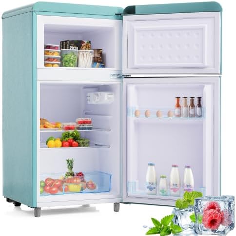 Merax Retro Kühlschrank mit Gefrierfach – 72L Mini Kühlschrank, 21L Gefrierfach, 120 kWh/Jahr, Energieklasse E, LED-Licht, Cyan – Ideal für kleine Haushalte