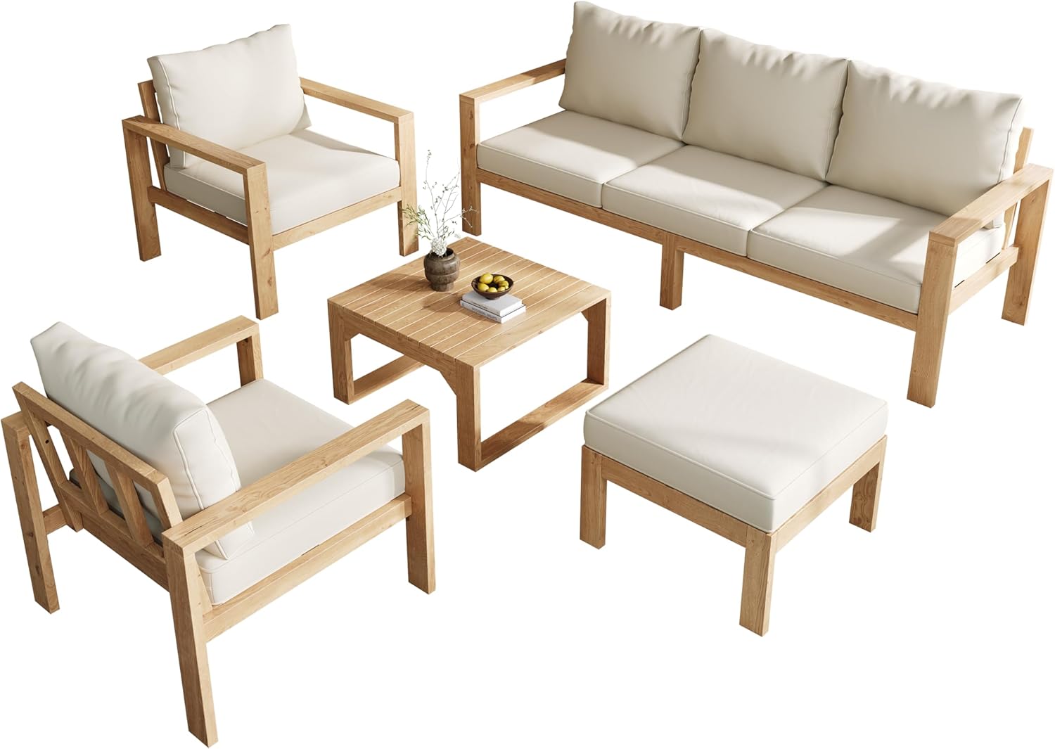 Mrwoo Gartenmöbel-Set für 4-6 Personen,Robuster Akazienrahmen,Komplett mit Dreisitzer 2 Einzelstühlen Fußhocker und Couchtisch,Natur Creme,Zeitlos Elegant,Ideal für Garten und Terrasse