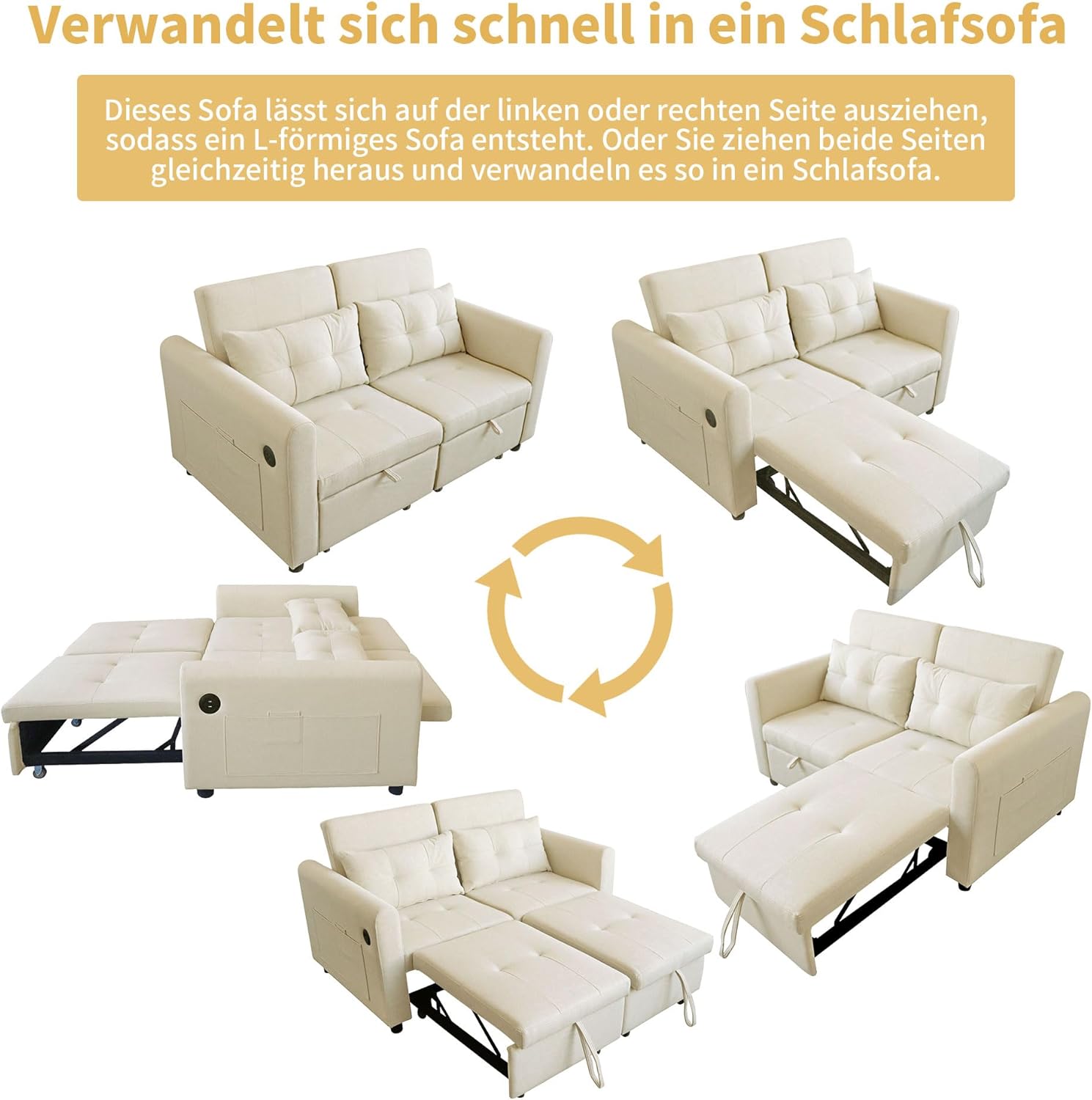 Loveseat-Sofa, 3-in-1-Ausziehsofa mit Verstellbarer Rückenlehne, USB, Armlehnentaschen und Kissen. Geeignet für Wohnzimmer, Schlafzimmer, Wohnung Usw.，Beige
