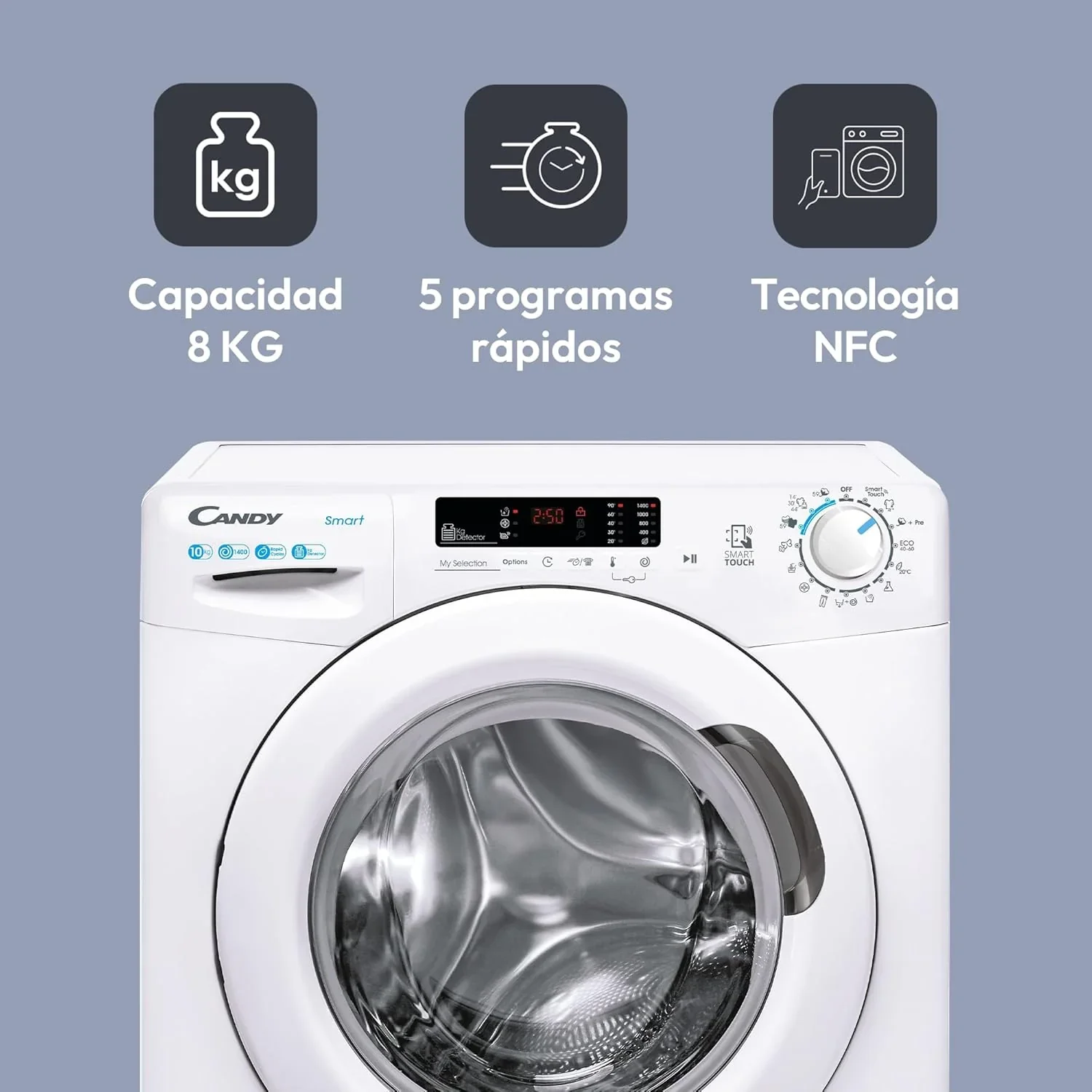 Candy Smart CS 14102DE/1-S, Washing Machine 10 kg, 1400 RPM, Digital Display and Control, NFC Technology, Voice Assistant, 15 Cycles, 5 Fast, Easy Ironing, Delay Start 24H, KG Detector, 81 DB, White