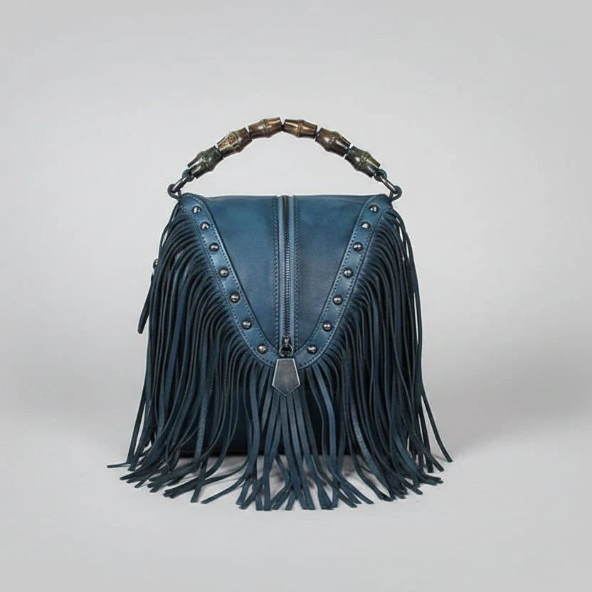 Full Grain Leather Fringe Handbag with Bamboo Handle