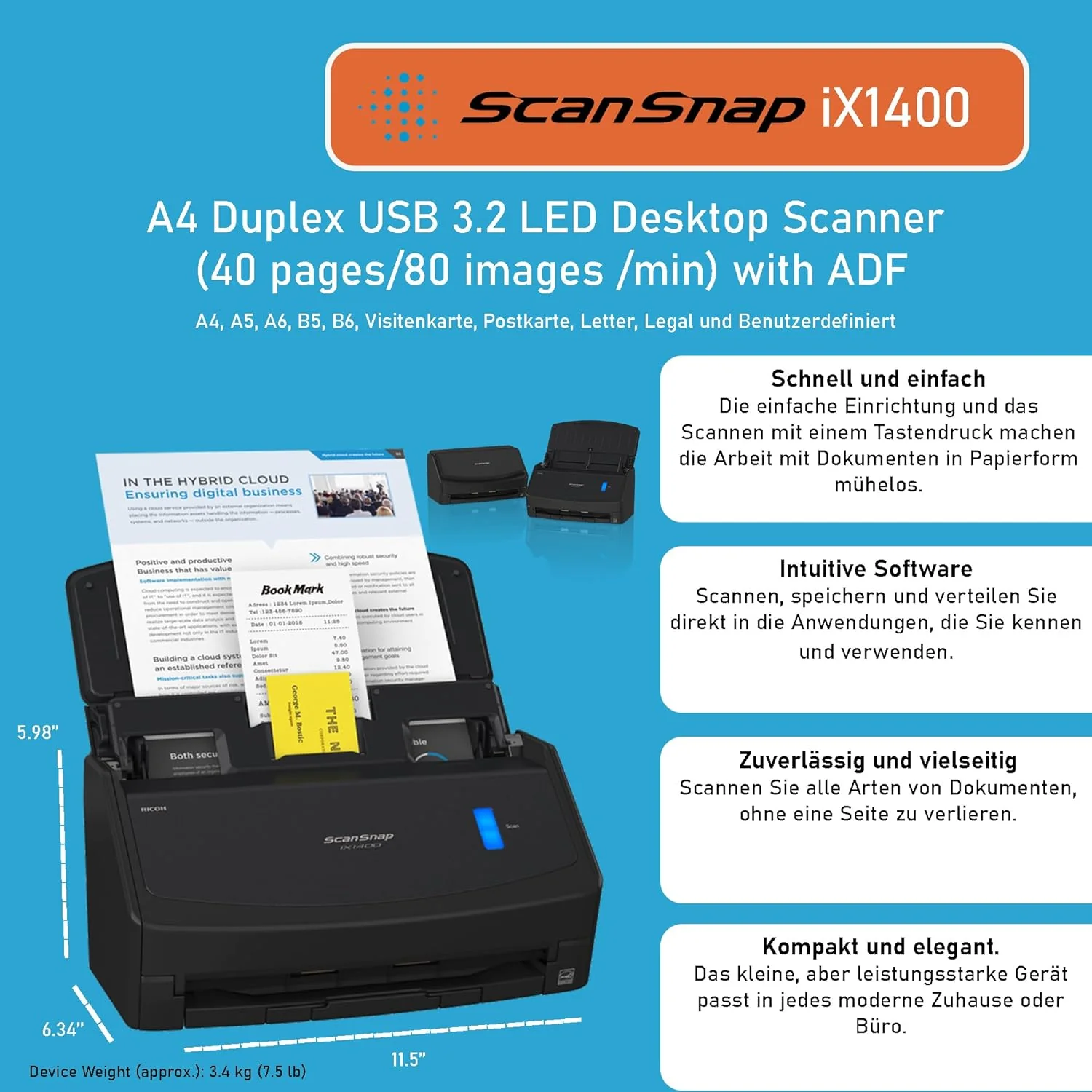 ScanSnap iX1400 Desktopdocumentenscanner (zwart) - A4, duplex, USB 3.2 met ADF