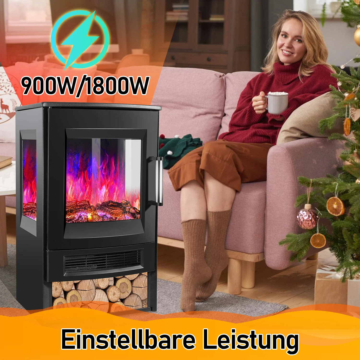 Sonnewelt Elektrokamin mit LED Flammenm WiFi Fernbedienung 900W/1800W