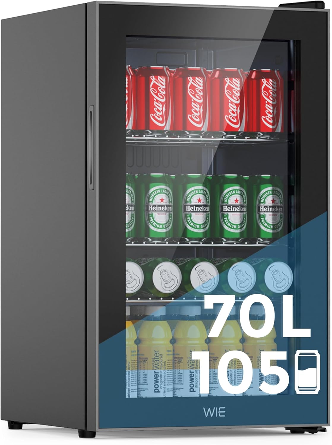 WIE Mini Kühlschrank Getränkekühlschrank 70 Liter mit Doppelte Glastür mit Verstellbaren Ablagen Indoor Outdoor Klein Bierkühlschrank Leise 105 Dosen für Soda/Bier/Wine für Zuhause/Küche/Bar/Büro