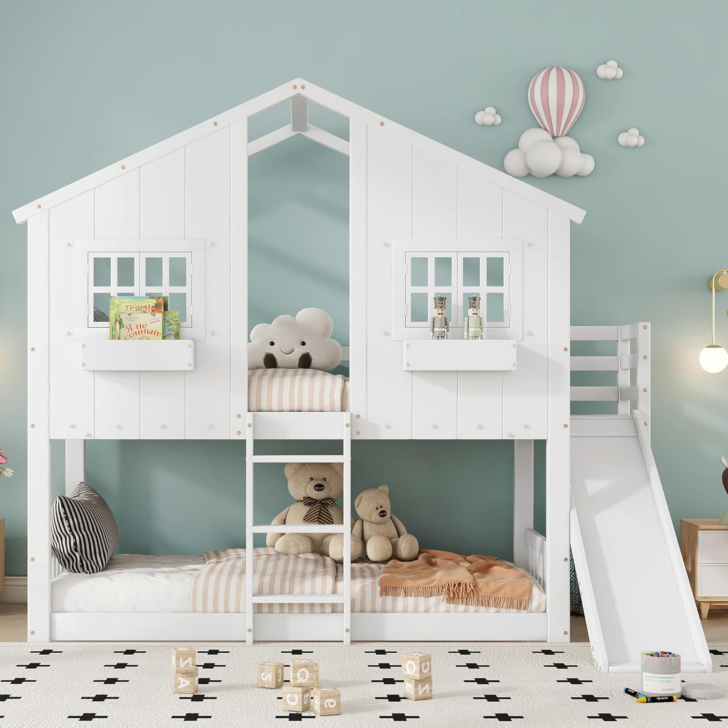 Kinderbett Etagenbett 90x200, Hochbett Hausbett für 2 Kinder, Stockbett mit Rutsche&Leiter&Fenstern&Dach&Aufbewahrungsbox, Doppelbett Holzbett mit Lattenrost&Rausfallschutz, Kiefer, Ohne Matratze,Weiß