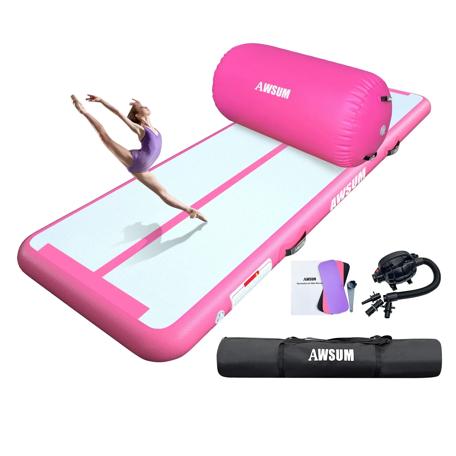 2025 Colchón de gimnasia inflable AWSUM – disponible en longitudes de 10, 13 o 16 pies, grosor de 4 pulgadas, pista de acrobacias con rodillo inflable y bomba eléctrica para casa o gimnasio