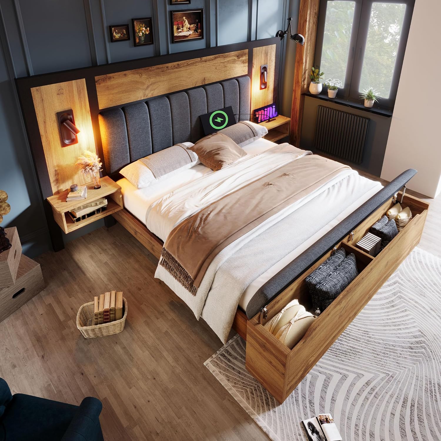 Kebnor Doppelbett Polsterbett, Bettanlage mit Leselampe und USB C Nachttisch und Sitzbank mit Stauraum, Bettgestell mit Lattenrost aus Metall, Holz und Leinen, Eiche(Ohne Matratze) (180×200cm)
