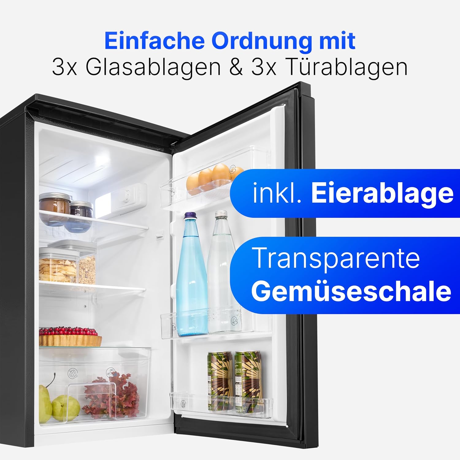 Bomann® Kühlschrank ohne Gefrierfach | 87L | energieeffizient, leise & kompakt | 0°C-8°C, stufenlos regelbar | 3 Ablagen & Gemüsefach | Türanschlag wechselbar | Standardkühlschrank | VS 7255 schwarz