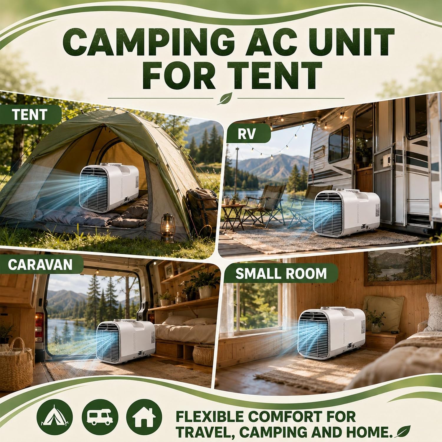 4-In-1 Camping-Klimagerät, Tragbare Klimaanlage, Mobiler Klimagerät, Professioneller Luftkühler Für Hütte Und Büro, 4 Modi: Kühlen/Ventilieren/Entfeuchten/Schlafen, Für Reisen 1500W