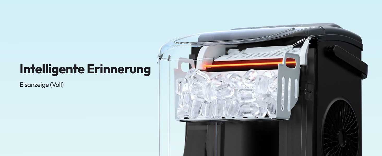 Der Text lautet „Intelligente Erinnerung“. Schwarzes Gerät mit weißem Mesh-Panel und sichtbarem orangefarbenem Heizelement, abgebildet vor hellblauem Hintergrund.