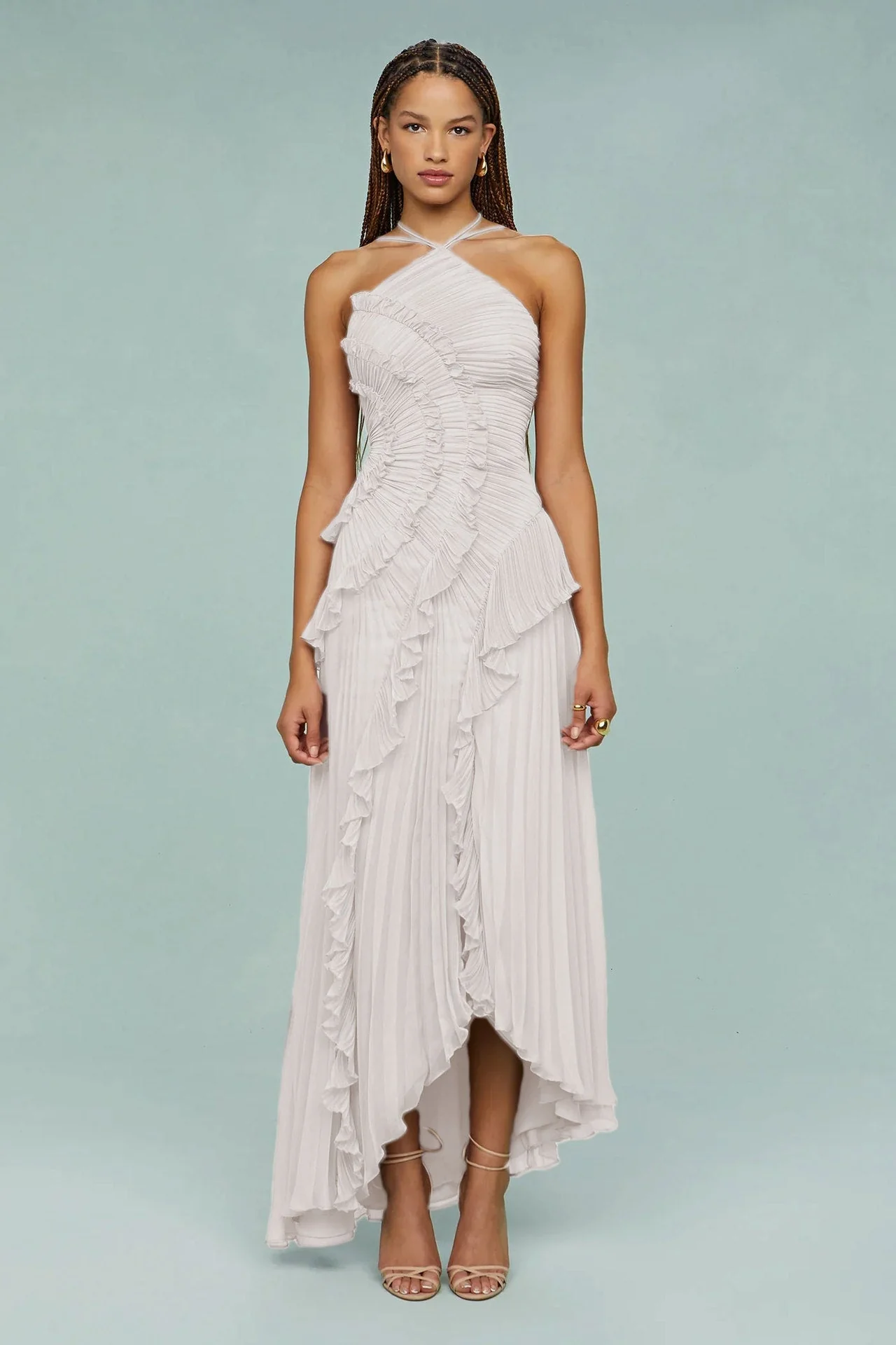 Plissiertes Chiffon-Maxikleid mit R��schen-Overlay f��r Damen
