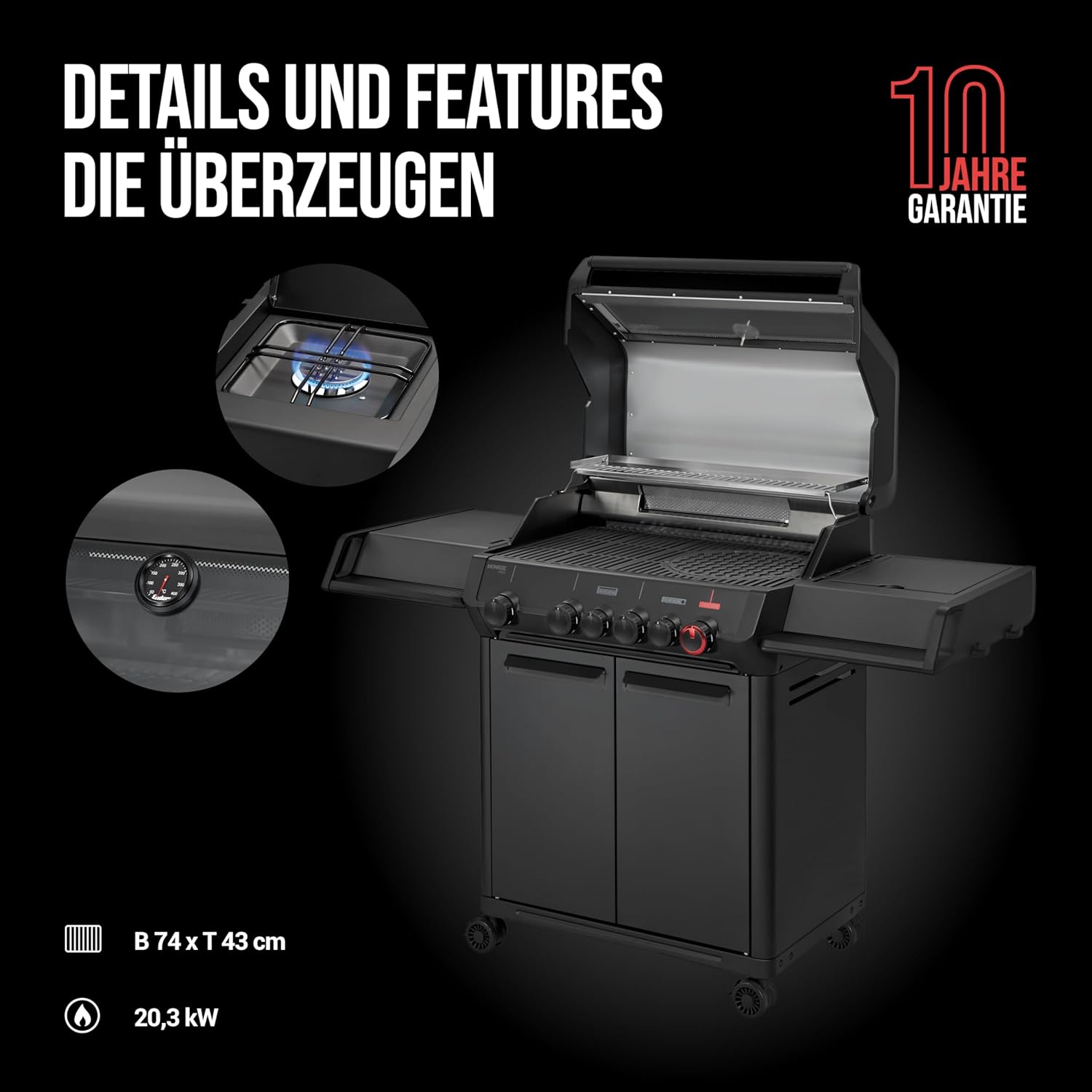 Enders® Gasgrill Monroe Pro 4 SIKR Turbo Shadow inkl. Seargrate, 4-Brenner, mit Kocher, Infrarot-Heckbrenner, PanoVision Sichtfenster, Gussrost, Aluguss Grill, 800 °C TURBO ZONE™, SIMPLE CLEAN™, #8366
