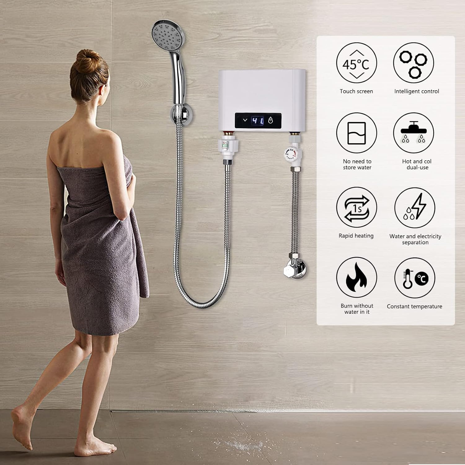 Elektronischer Durchlauferhitze Dusche, 220V elektrische Warmwasserbereiter Temperaturwahl 30-52 °C mit Bad Dusche Kit, für Handwaschbecken, Küche, Bad, Waschbecken (5500W mit Duschset, Weiß)