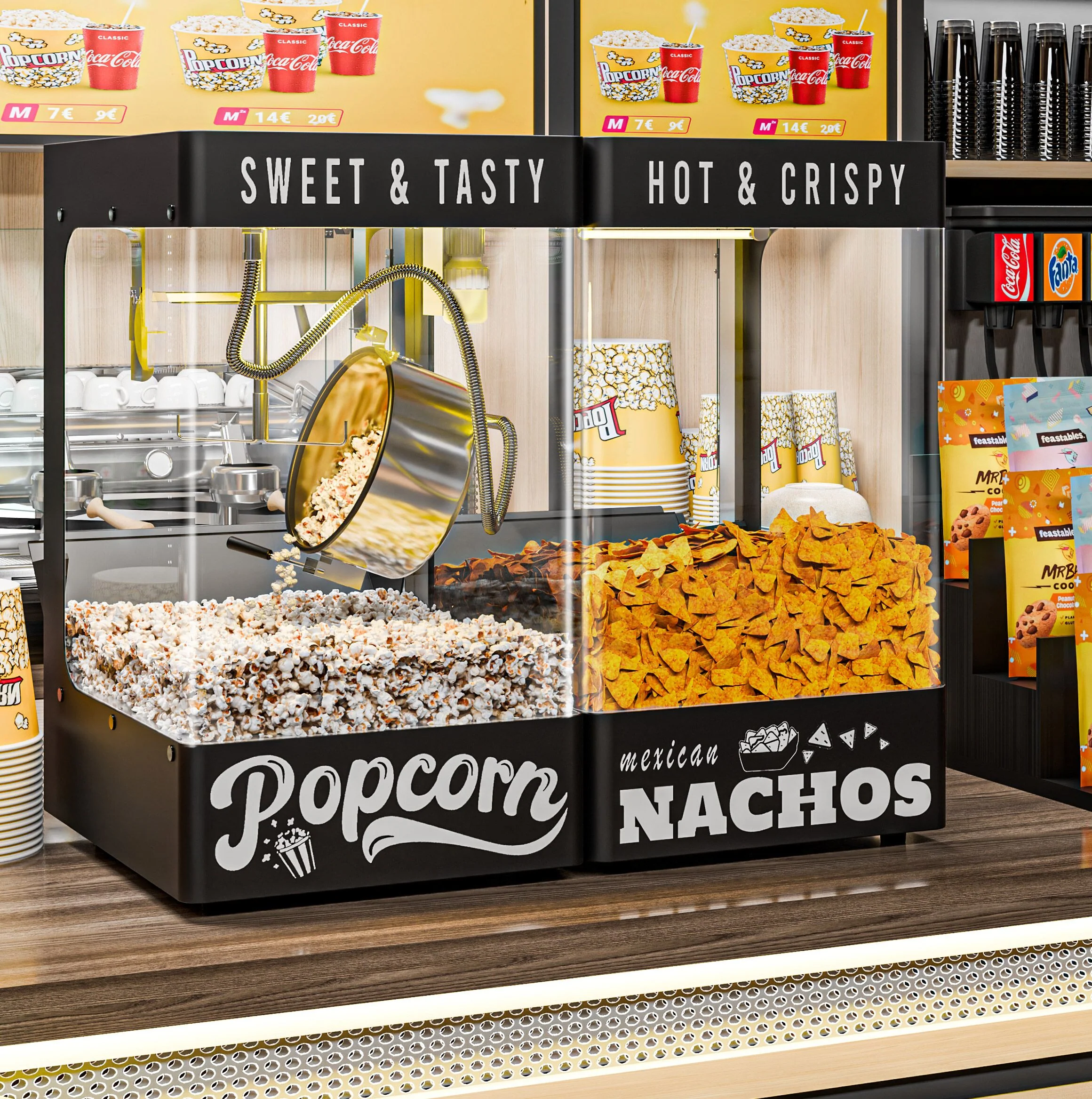 Popcornmaskin med nachovarmer/chipsvarmer - 1,31 kW - med 1 kjele - svart