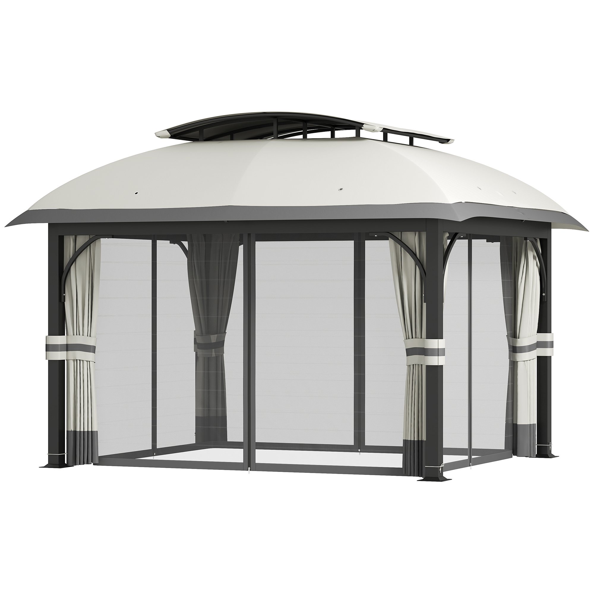 Outsunny Tuinpaviljoen, 3,3 x 4 m Partytent met Netgordijnen, Dubbeldeks Dak, Kunstleder Coating, Metalen Frame, Lichtgrijs