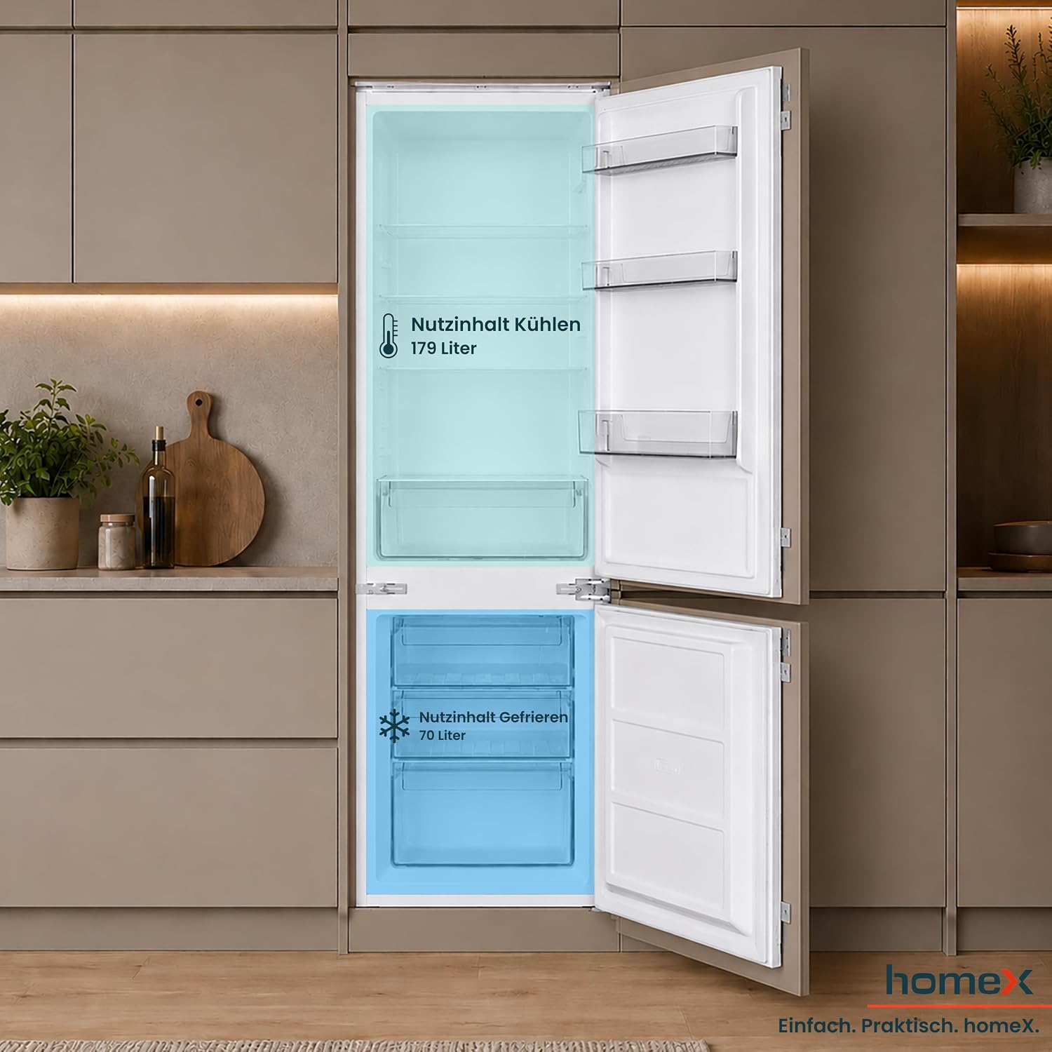 homeX CFB2491E Einbaukühlschrank mit Gefrierfach, Einbau Kühl Gefrierkombination, 178cm Nische - 249 Liter, Schlepptürtechnik, LED-Beleuchtung, leise 39 dB, Türanschlag wechselbar, 4-Sterne Gefrieren
