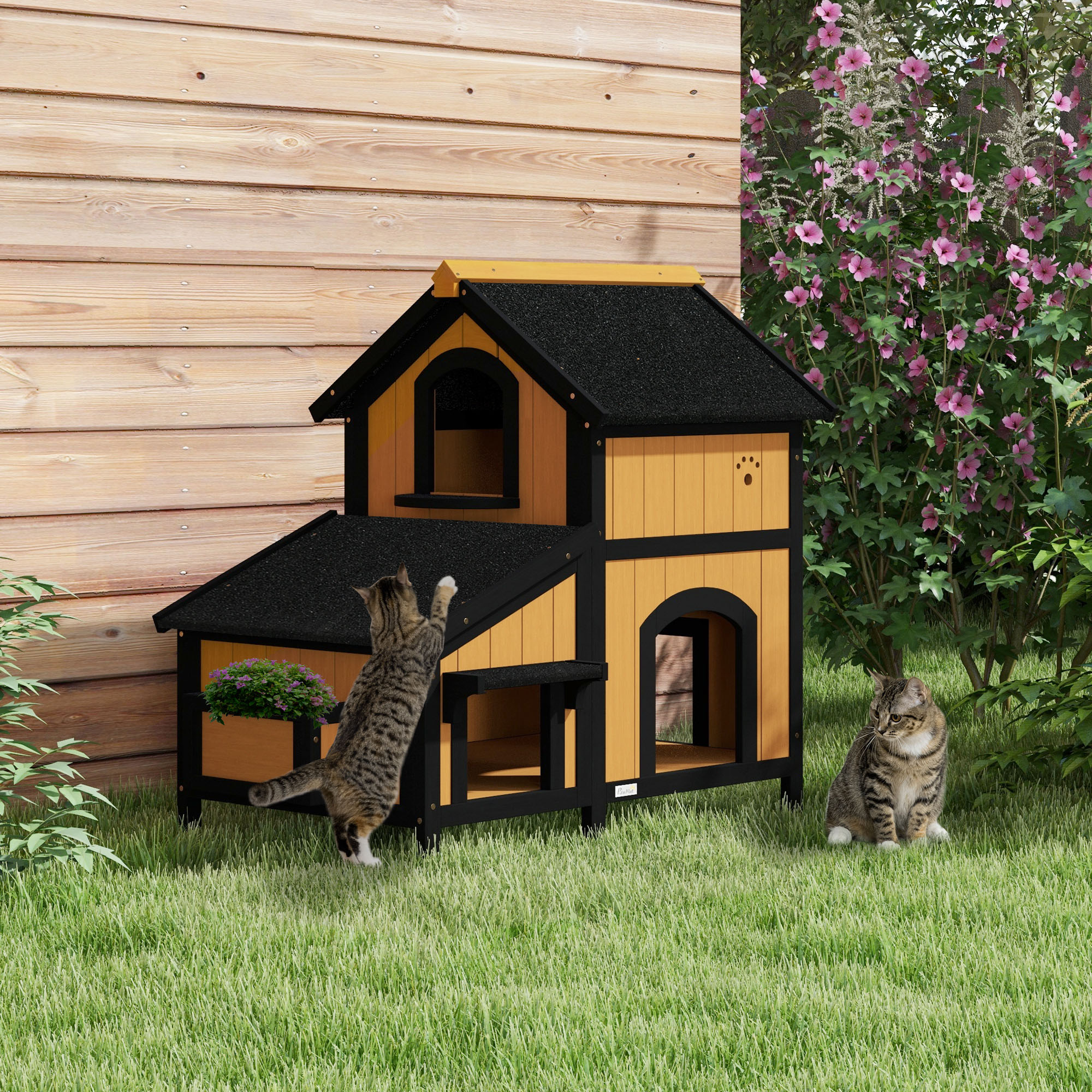 Kattenhuis Kattenhut Kattenhol, inclusief bloembak, 96 cm x 65 cm x 85,5 cm, Geel + Wit + Zwart