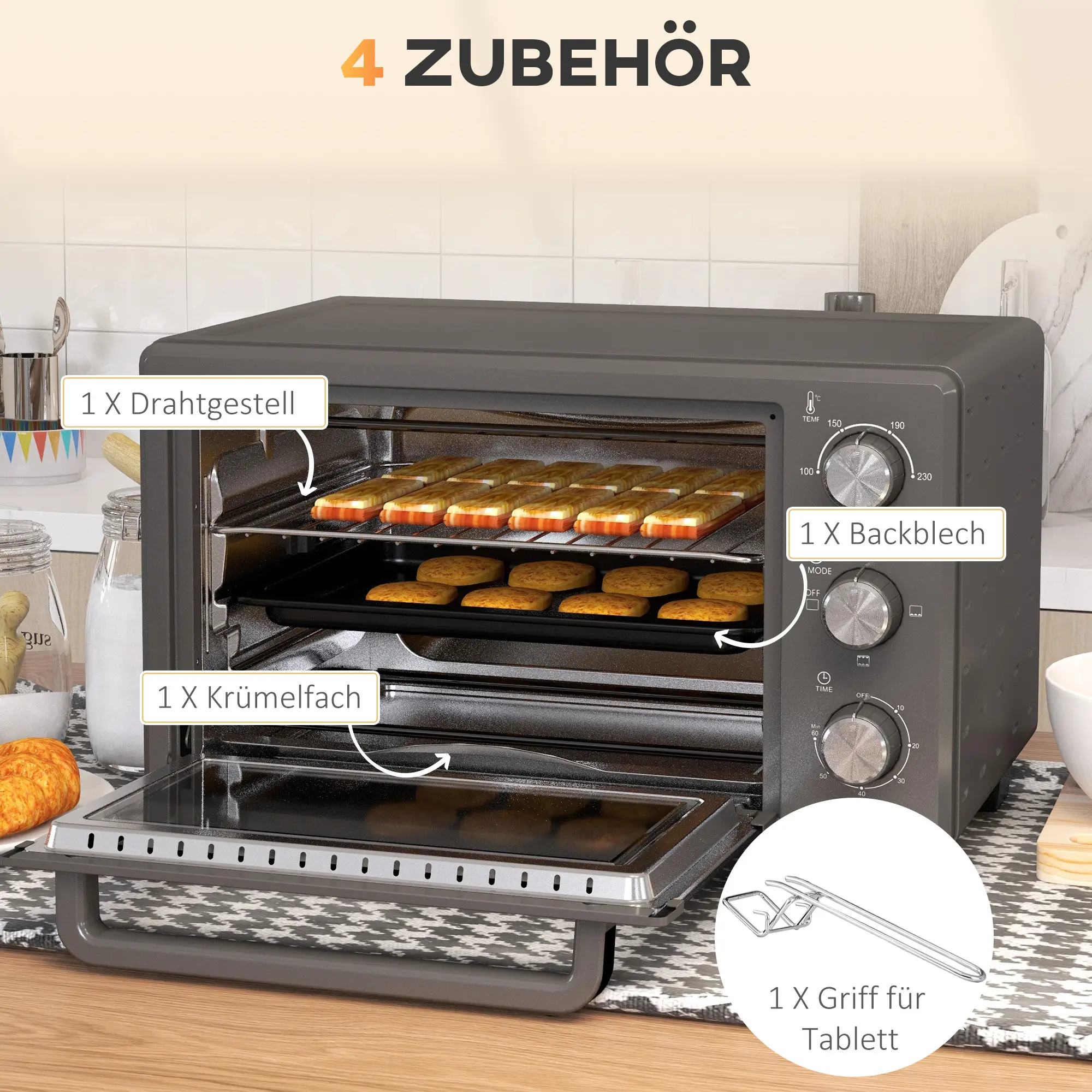 HOMCOM Mini-oven veelzijdig koken precieze temperatuurregeling roestvrij staal
