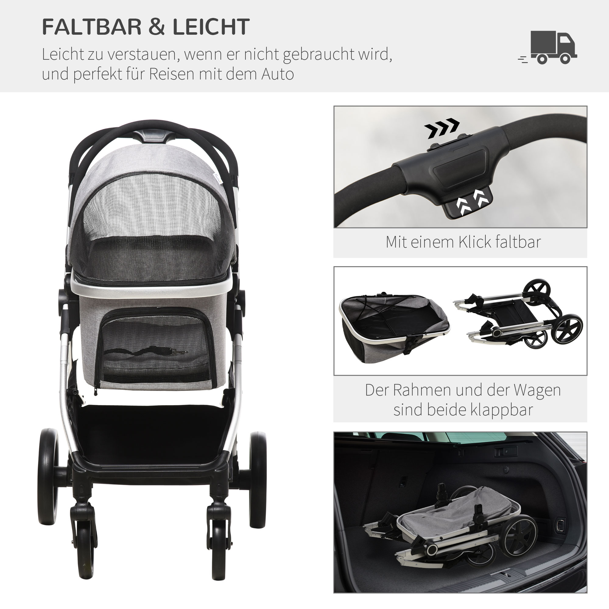 hondenkar, 2-in-1 hondenwagen, draagtas, opvouwbare hondenbuggy, grijs